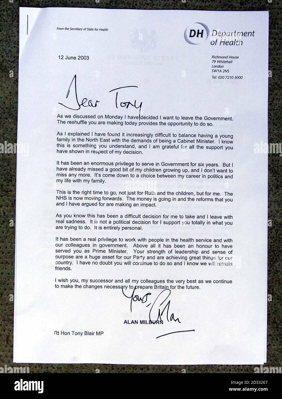 A Copied Image Of The Former Health Secretary Alan Milburn S Resignation Letter To Prime Minister Tony Blair In His Letter To Mr Blair Mr Milburn Said I Have Found It Increasingly