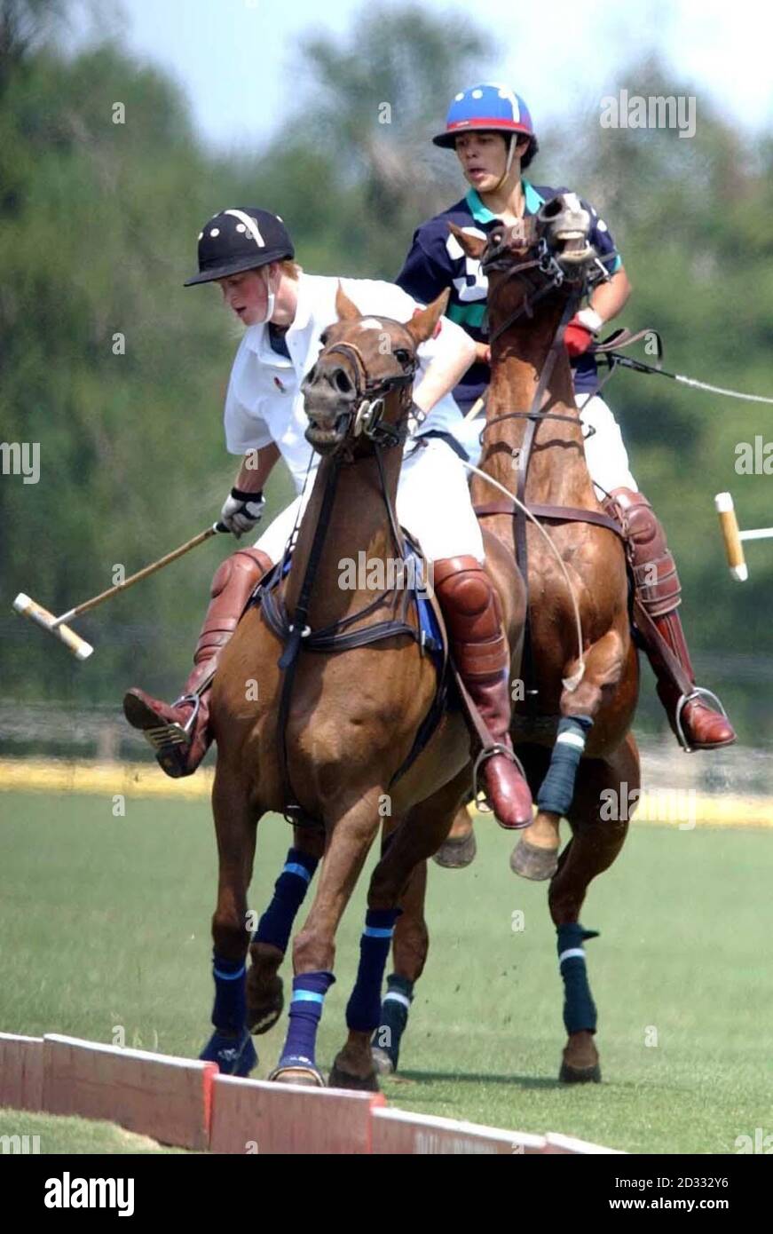 Prince Harry in action against France as he captains the England team at the National Schools Polo Tournament at Dallas Burston Polo Grounds, Southam, Warwickshire. The 18 year old son of the Prince of Wales was playing in his first international. Stock Photo