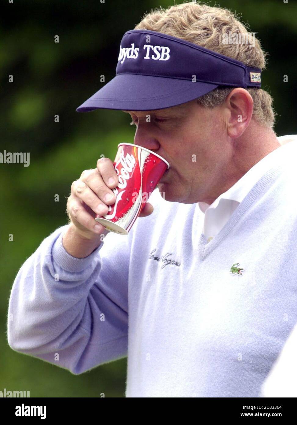 Colin Montgomerie has some refreshments  during the Barclays Scottish Open practise day at Loch Lomond golf club. Stock Photo