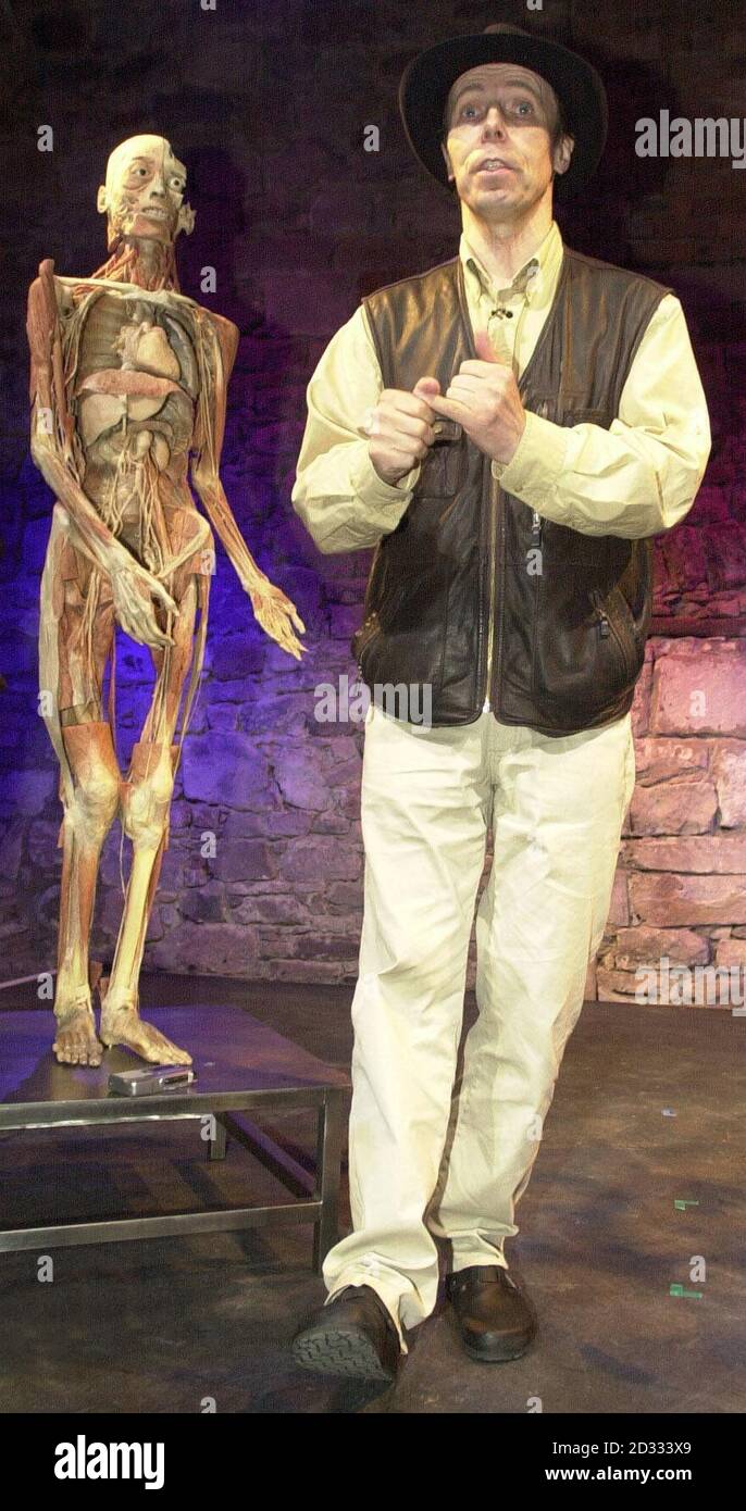 The German professor Gunther von Hagens, with the preserved human corpses, at the old city morgue in Edinburgh s historic Cowgate. Prof von Hagens, whose Body Worlds show has attracted about eight million visitors worldwide since 1995, called the press conference to promote Futurehuman, a new TV documentary.The programme will feature his search for a terminally ill donor to take part in his project to redesign and perfect a dead body and preserve it for posterity. Stock Photo