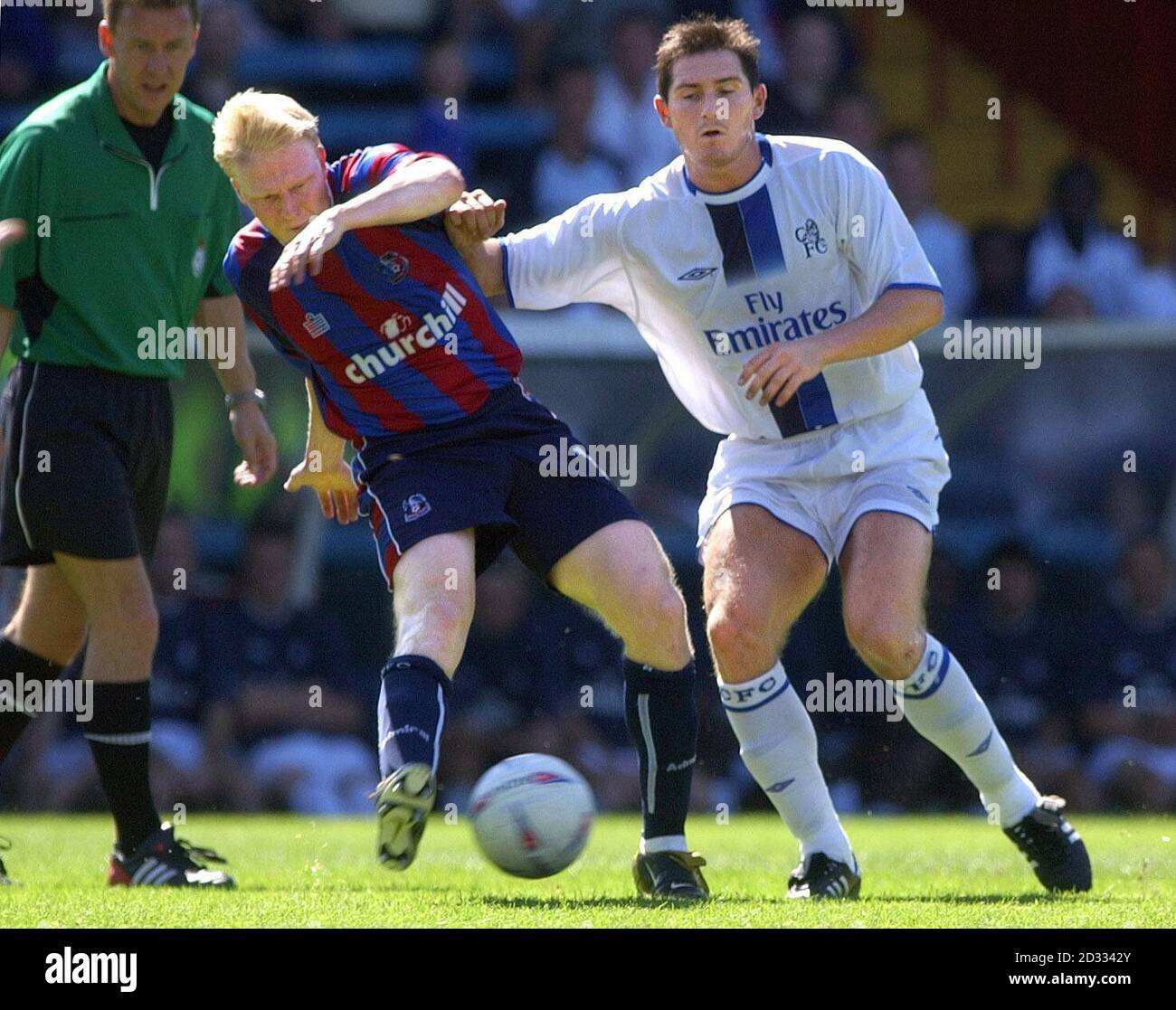 Crystal Palace's Aki Riihilahti (left) and Chelsea's Frank Lampard in action during their pre-season friendly match at Selhurst Park, London.  THIS PICTURE CAN ONLY BE USED WITHIN THE CONTEXT OF AN EDITORIAL FEATURE. NO WEBSITE/INTERNET USE UNLESS SITE IS REGISTERED WITH FOOTBALL ASSOCIATION PREMIER LEAGUE. Stock Photo
