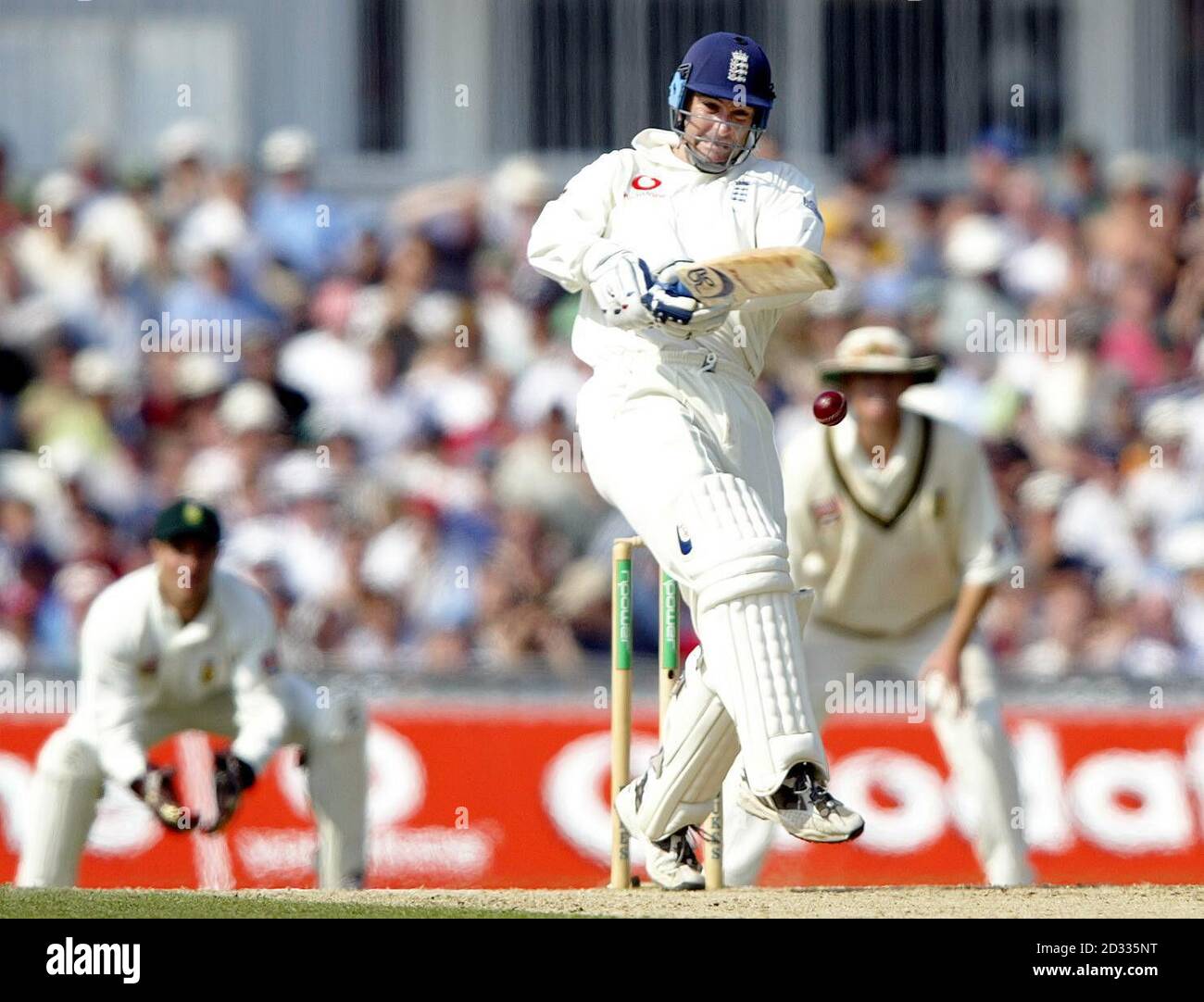 England's Graham Thorpe pulls a delivery off the bowling of South Africa's Makhaya Ntini, during the the third day of the fifth npower test at The Oval, London. Stock Photo