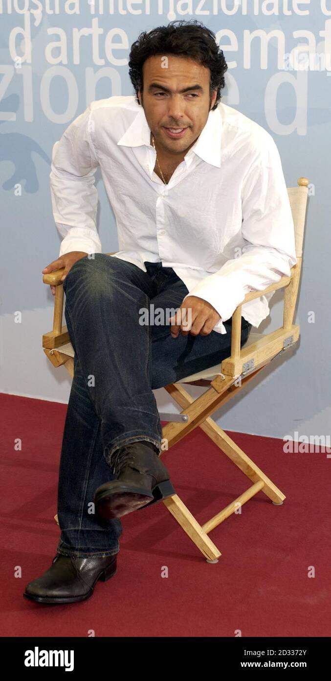 Director Alejandro Gonzales Inarritu poses for photographers to promote his new film '21 Grams' at Mostra Internazionale d'Arte Cinematografica Lido in Venice, Italy during the 60th annual Venice Film Festival. Stock Photo