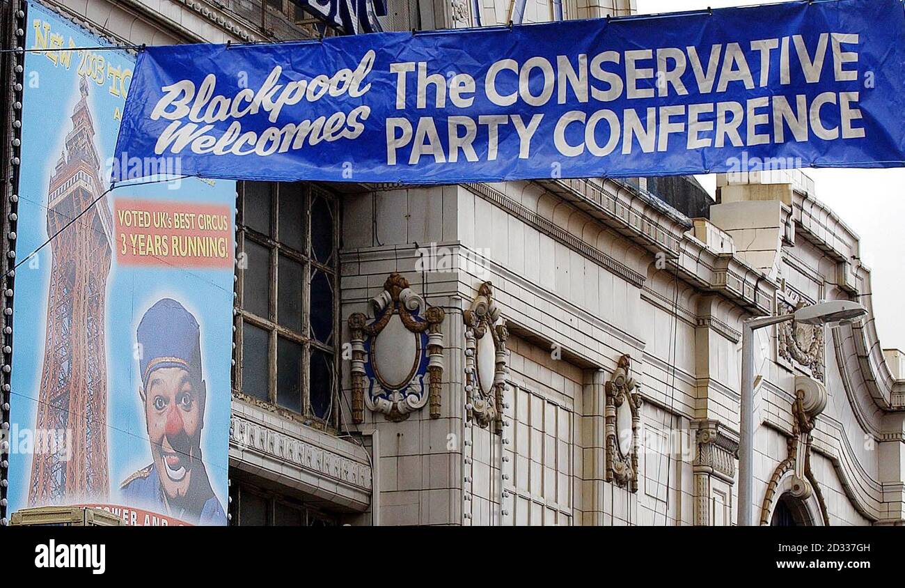 A welcoming banner for the Conservative Party Conference hangs outside the Winter Gardens the venue for the Party Conference in Blackpool. Stock Photo
