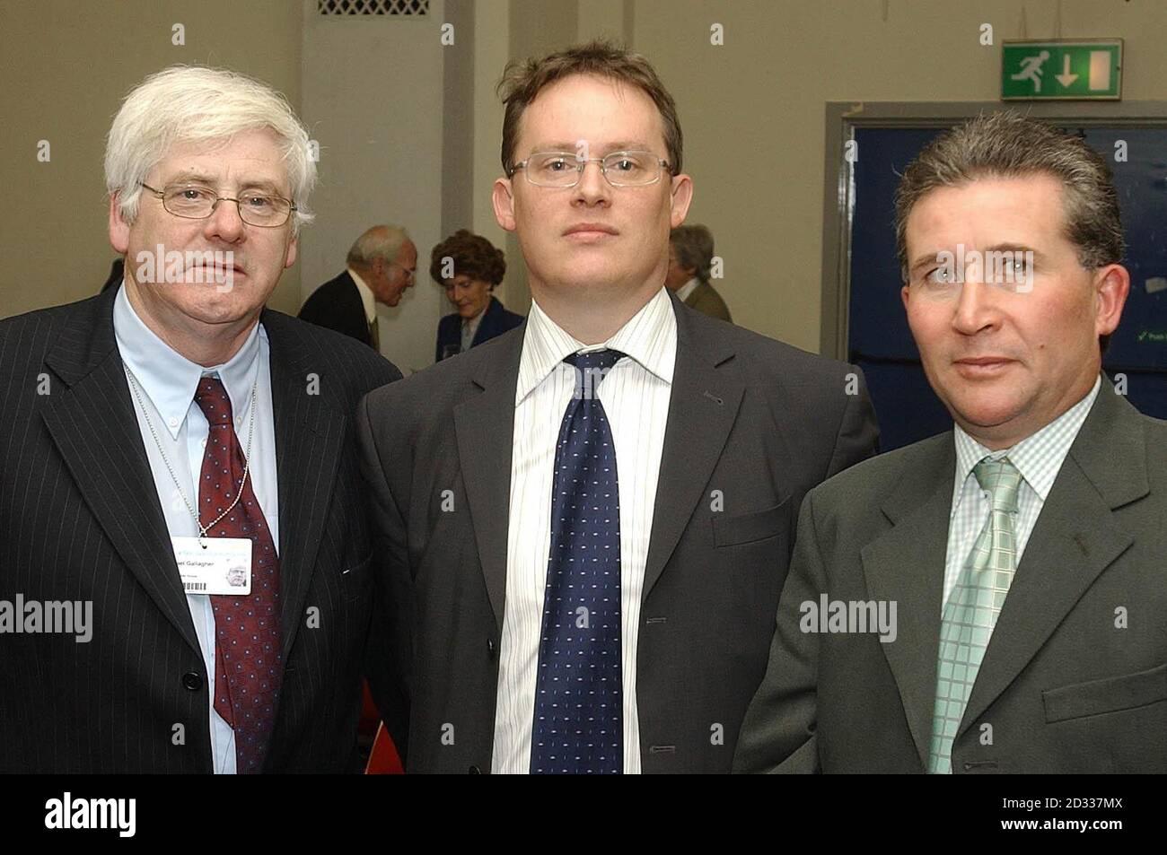 Michael Gallagher (left) whose son was killed in the Omagh bomb, Julian Robertson (centre) the chairman of the Conservative Party of Northern Ireland, and Victor Barker, who also lost a son in Omagh, at a fringe meeting on Omagh at the Conservative Party conference in Blackpool. Stock Photo