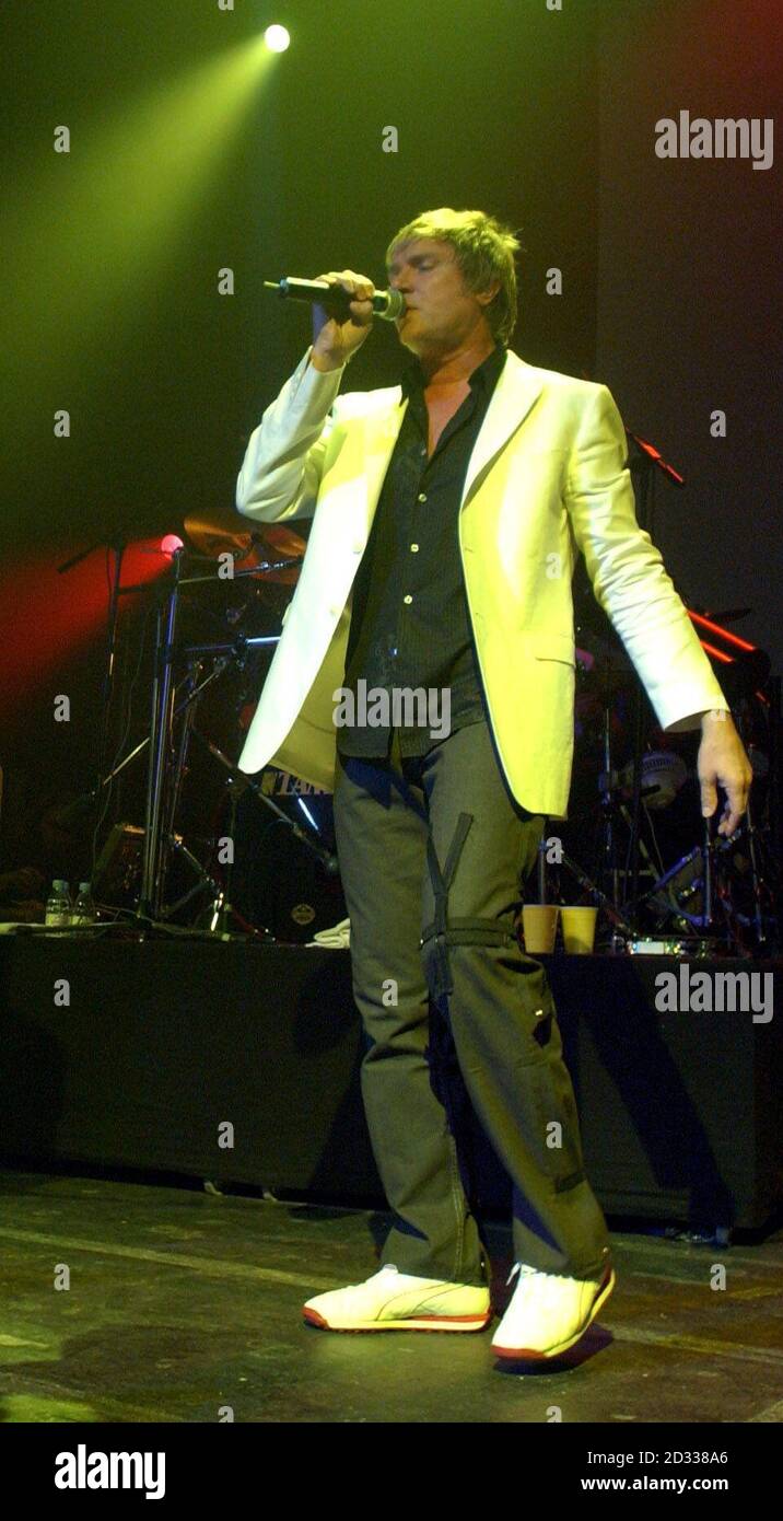 Lead singer Simon Le Bon from Duran Duran performs live on stage for their first UK concert in 18 years at The Forum in London. Stock Photo
