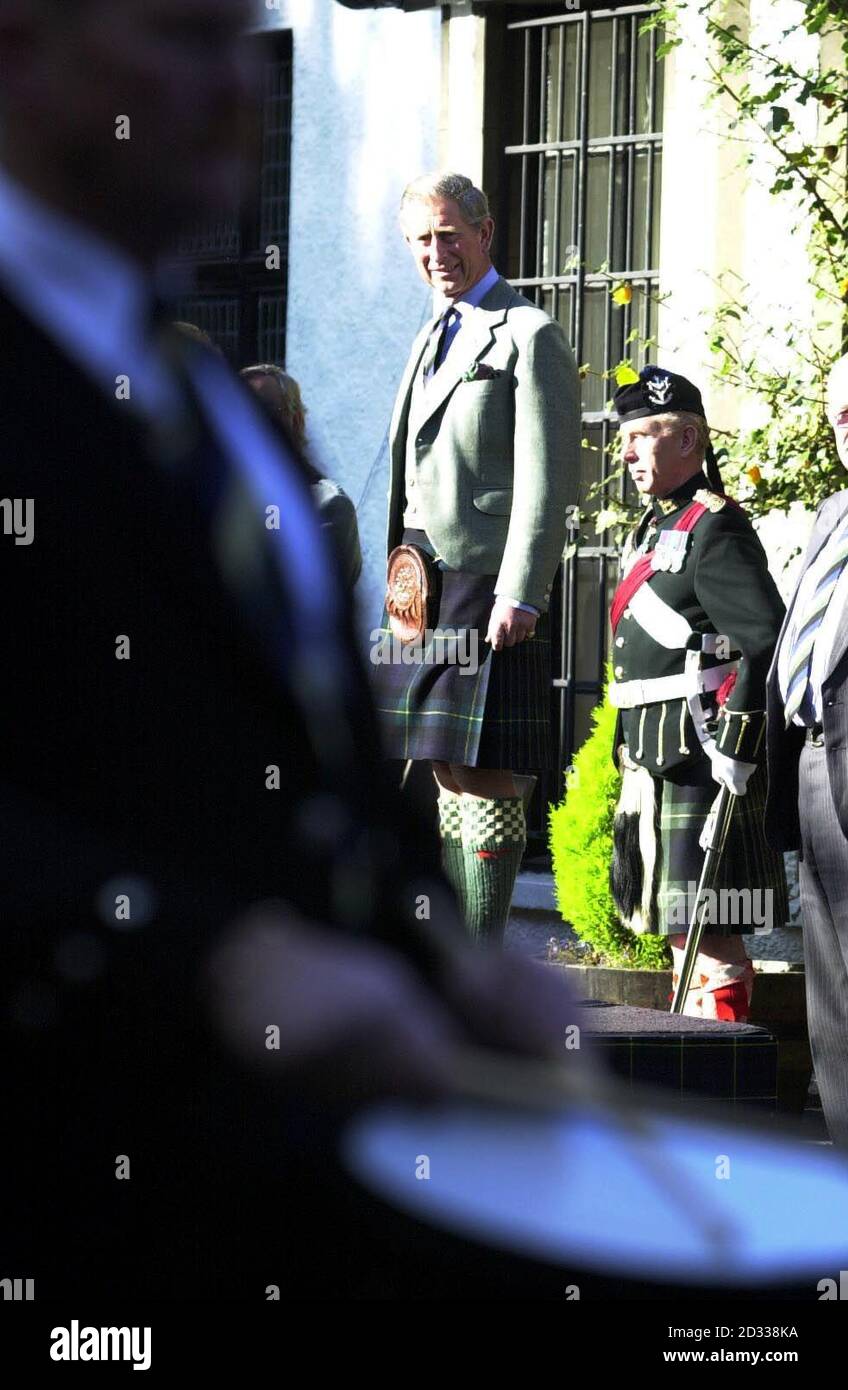 The Prince Of Wales, the Duke of Rothesay, at the Gordon Highlanders Museum in Aberdeen, to view a parade during a ceremony to lay up the Regiment's last colours.  Stock Photo
