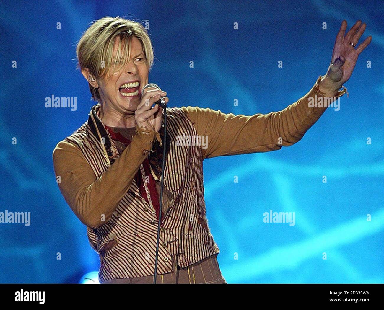 Singer David Bowie performs live in concert as part of The Reality Tour at Manchester Evening News Arena in Manchester. * 30/11/03: David Bowie is to headline the Isle Of Wight Festival next year, it was announced. The chart star said he has longed to play the legendary event which was revived in 2002. The festival hosted performances by The Who, Bob Dylan, Jimi Hendrix and The Doors in its earlier incarnation. It was held each summer from 1968 to 1970. The next festival will take place from June 11 to 13. 10/12/03: David Bowie performing live in concert as part of The Reality Tour at Manche Stock Photo