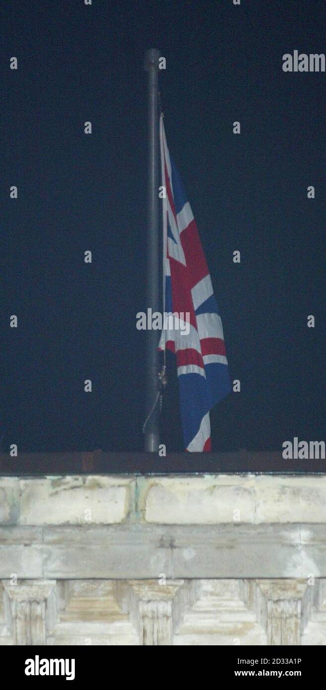 The Union Jack flag hangs limply above the Britsh Consulate General's complex in Istanbul, Turkey, after a bomb killed ten people earlier today including the Consulate General Roger Short. Stock Photo