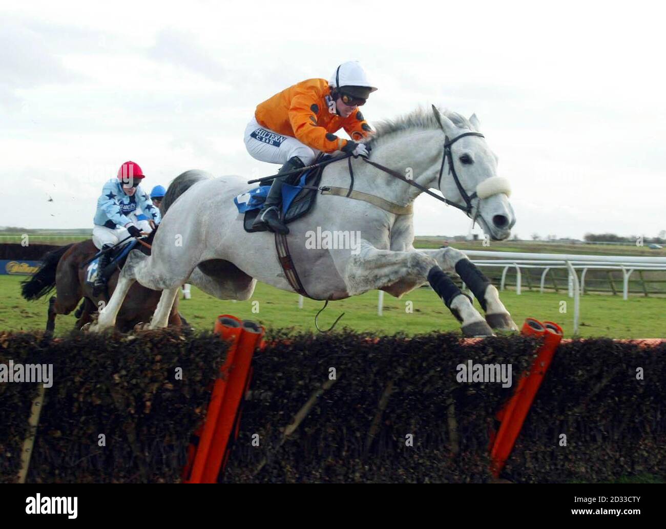 Grey Abbey ridden by jockey Graham Lee jumps the last to win ahead of Just Maybe in the 'Tote Betxpress Handicap Hurdle' at Catterick. Stock Photo