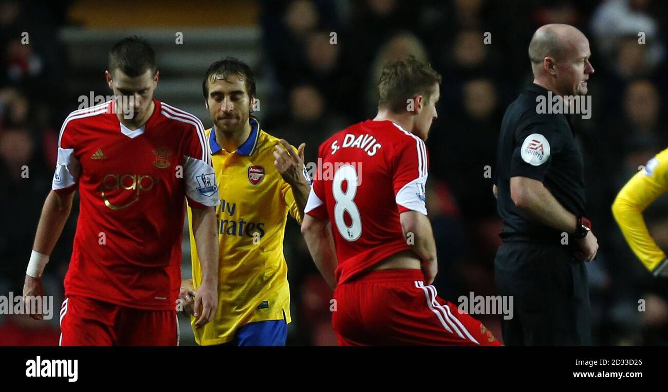 Arsenal's Mathieu Flamini (in yellow)receives a red card from referee Lee Mason after making a footed tackle against Southampton's Morgan Schneiderlin (left) during the Barclays Premier match at St Mary's