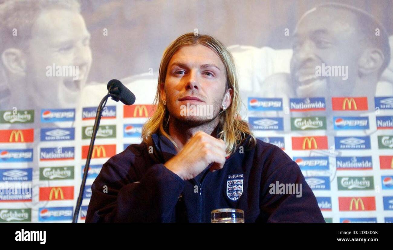 England David Beckham during a press conference at the Sopwell House Hotel in St Albans, Hertfordshire. England continue their build-up to the tournament in Portugal with a friendly against the hosts in Faro on Wednesday. Stock Photo
