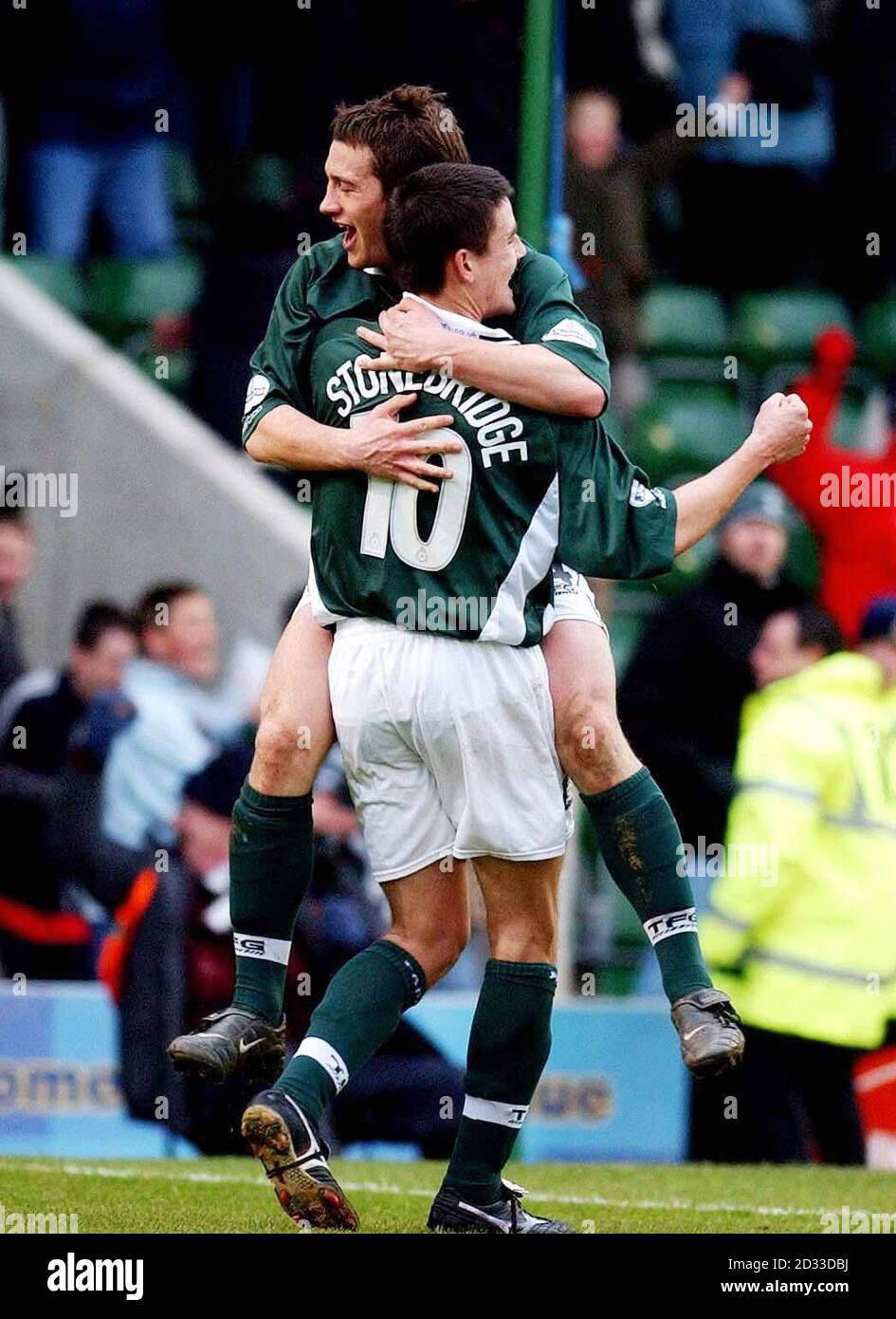 Plymouth Argyle's Ian Stonebridge celebrates with team-mate Peter Gilbert after scoring the winning goal against Port Vale during their Nationwide Division Two match at Plymouth's Home Park ground  THIS PICTURE CAN ONLY BE USED WITHIN THE CONTEXT OF AN EDITORIAL FEATURE. NO UNOFFICIAL CLUB WEBSITE USE. Stock Photo