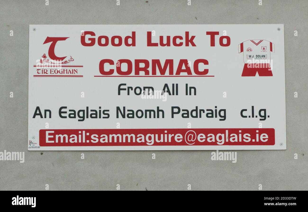 A placard mounted on the wall of Eglish, Co Tyrone, GAA club, Northern Ireland, wishing the Gaelic football team's former member, Cormac McAnallen, luck in the All Ireland finals. Ireland was in mourning, after the death of the Tyrone GAA star at the age of just 24.  Stock Photo