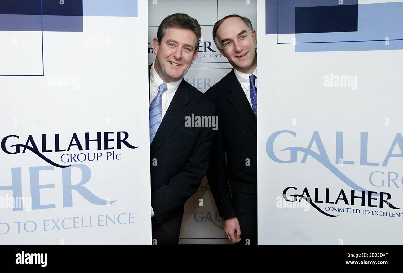 Gallaher Group Plc's Chief Executive, Nigel Northridge (left) and Finance Director Mark Rolfe, announce results for the year to 31st December 2003 in London.  The Weybridge, Surrey-based Cigarette group said it was axing more jobs as part of a shake-up of its European operations, saying that about 100 office staff would go at sites in the UK and mainland Europe.  Stock Photo