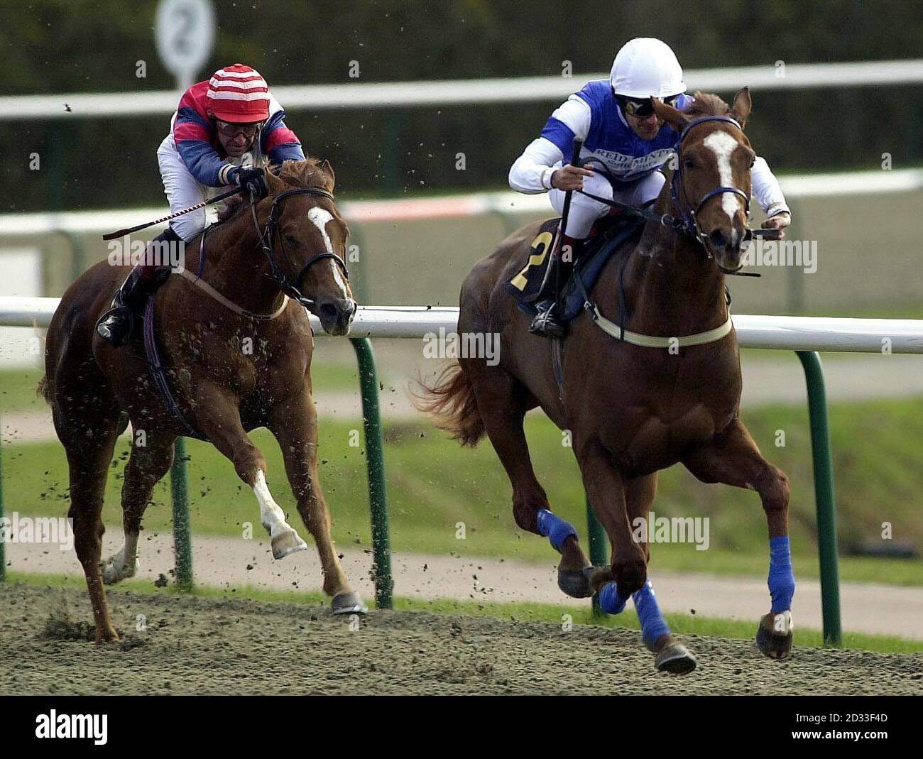 Eccentric ridden by jockey Darryll Holland (right) wins ahead of The Job ridden by jockey Willie Ryan in the Bet Direct Interactive Handicap at Lingfield. Stock Photo