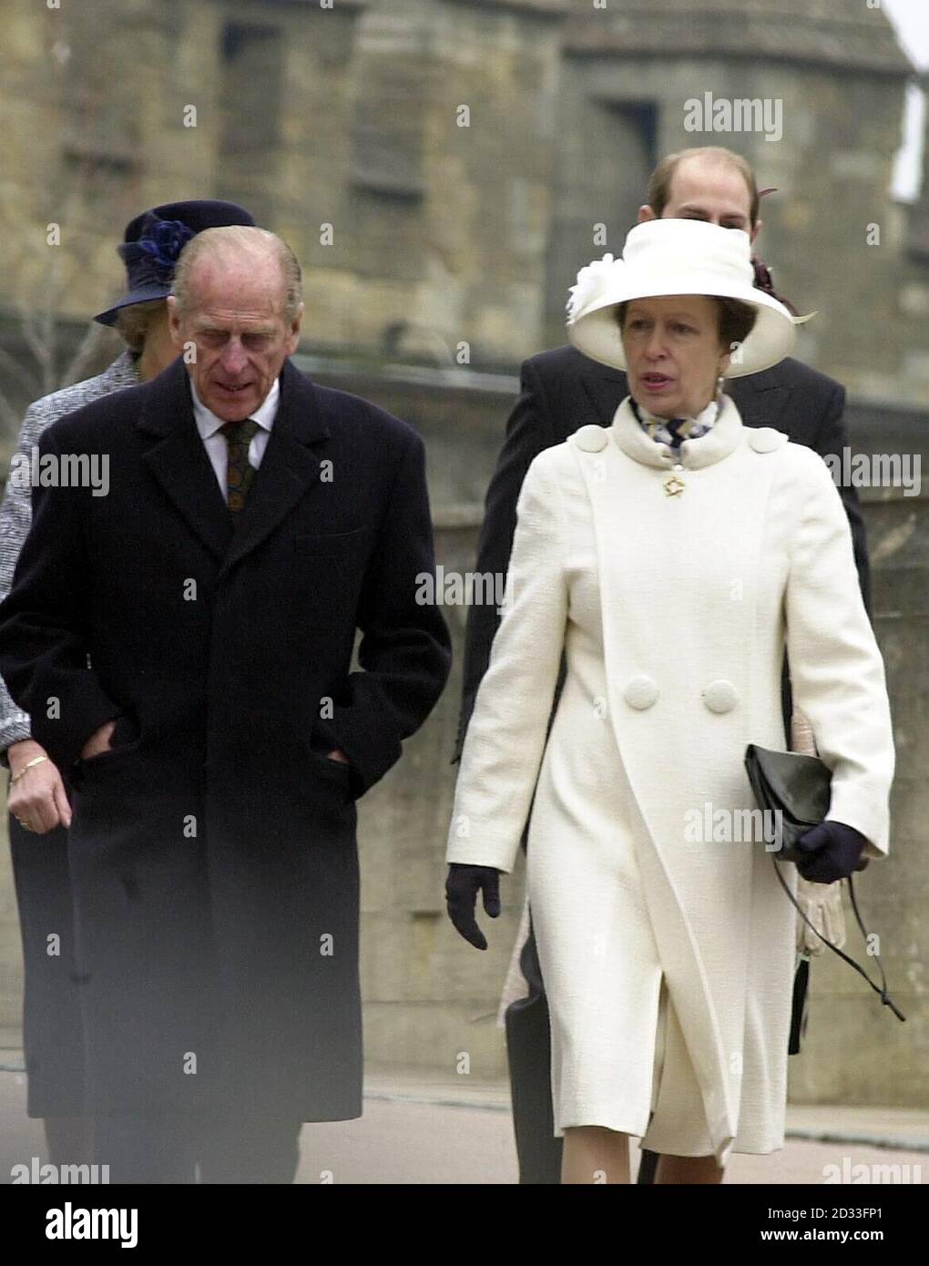 The Duke of Edinburgh with the Princess Royal arriving  at the chapel at Windsor Castle for the traditional Easter Sunday church service. Nine senior members of the family were present for the service at St George's chapel in the castle grounds, which was led by the Dean of Windsor, the Right Rev David Conner. Around 200 members of the public braved the cold, grey morning to see the royals arrive for what has become an annual gathering of the Royal Family. Stock Photo