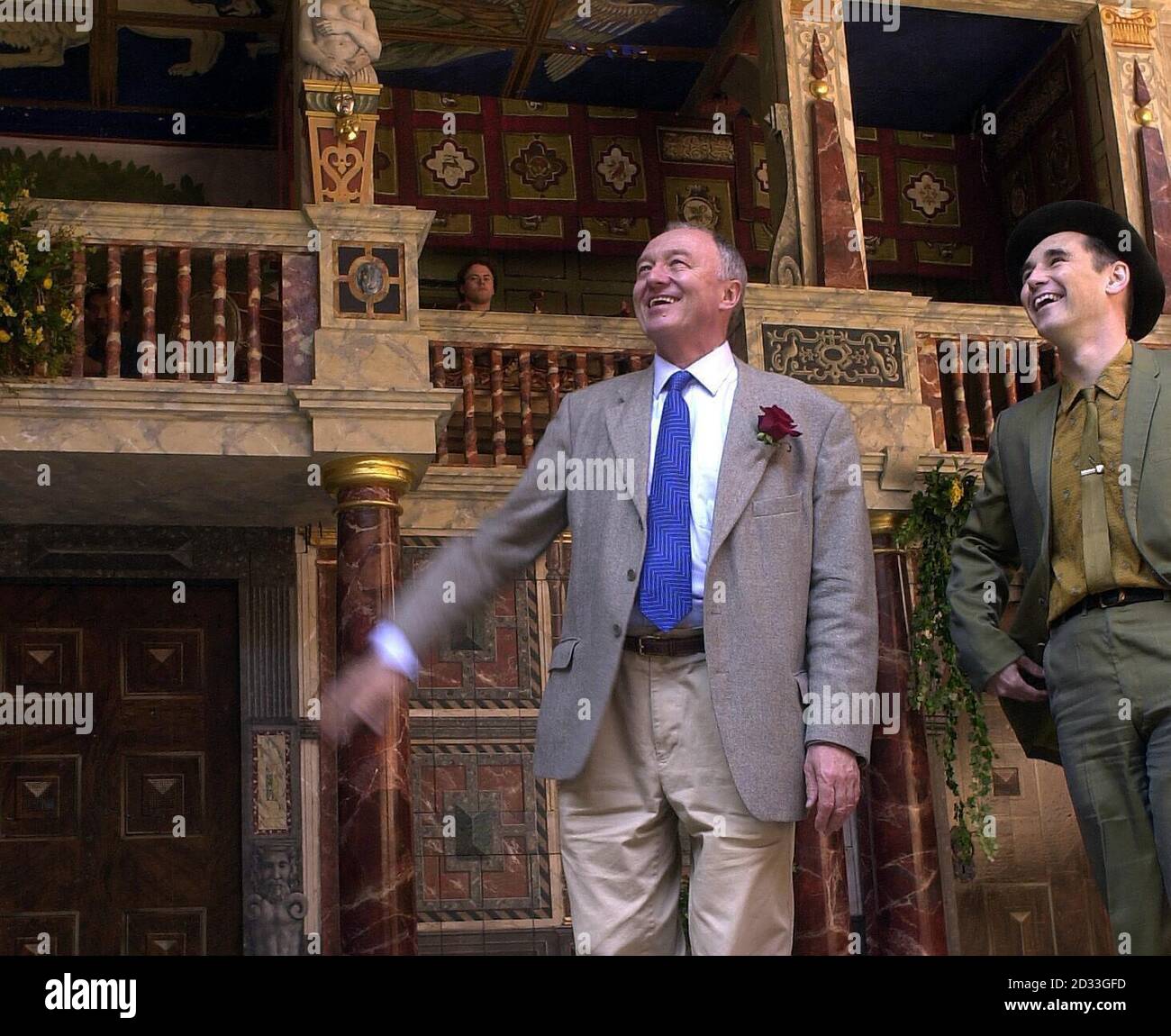 Mayor of London Ken Livingstone (left) and Globe Theatre Artistic Director Mark Rylance on stage at London's Globe Theatre, to celebrate William Shakespeare's birthday. Shakespeare was born in Stratford-upon-Avon in 1564. Stock Photo