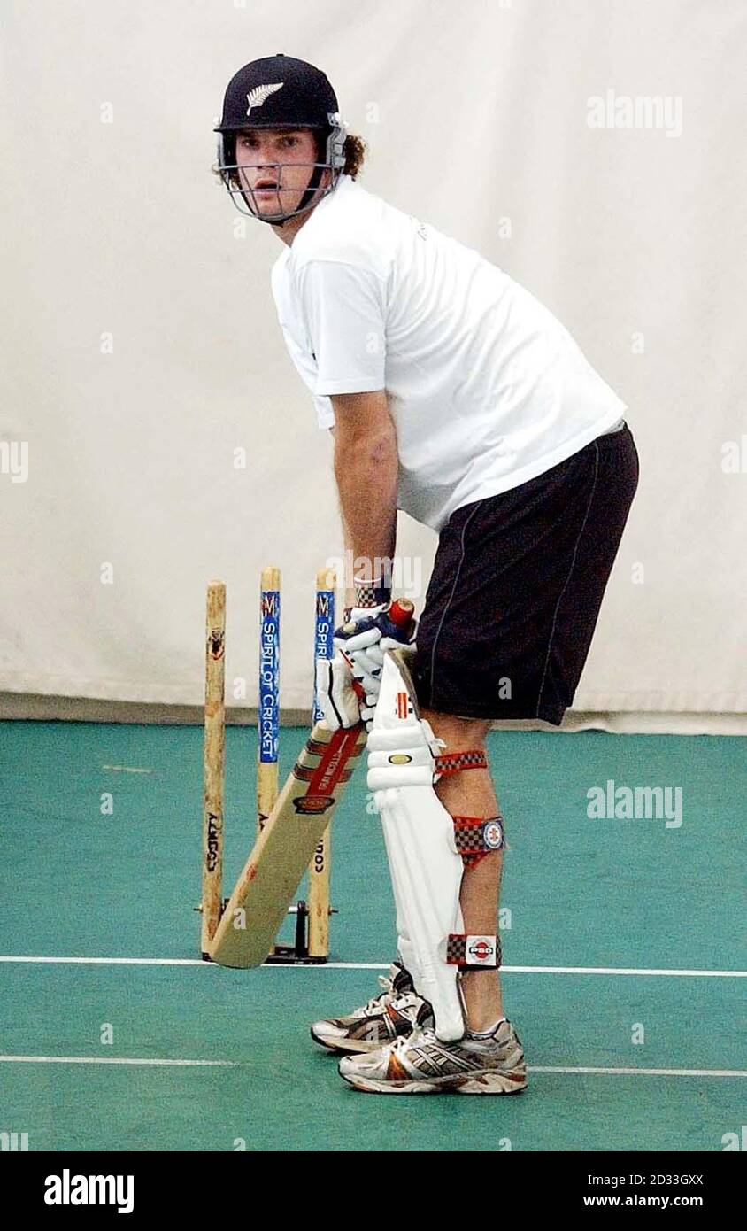 New Zealand's Kyle Mills in batting practice during a net session at the indoor cricket school at Lords, St John's Wood, London, where they are preparing ahead of their tour opener on Monday. New Zealand will be playing a three Test series against England during this summer. Stock Photo