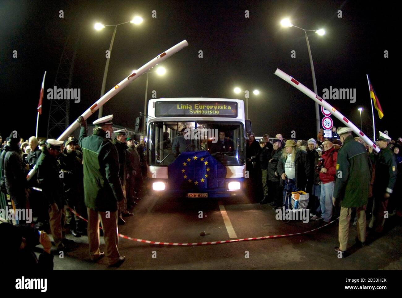 A public transport bus is brought in position during celebrations at the  German-Polish border checkpoint Ahlbeck-Swinemuende, some 200 kms (124  miles) north east of Berlin December 21, 2007. A minute after midnight