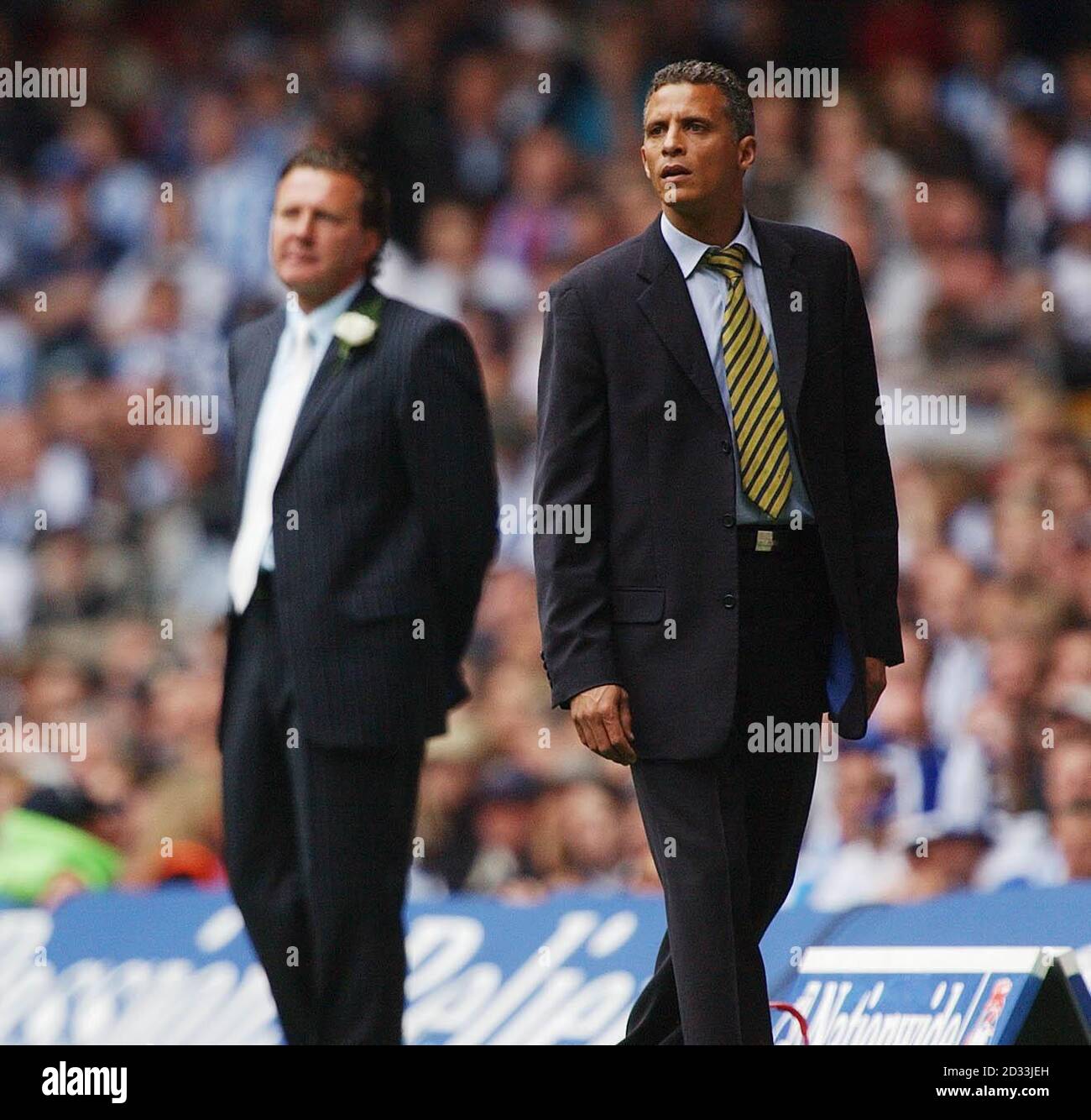 Huddersfield Manager Peter Jackson (left) and Mansfield manager Keith Curle during their club's Nationwide Division Three play-off finalat the Millennium stadium in Cardiff.   THIS PICTURE CAN ONLY BE USED WITHIN THE CONTEXT OF AN EDITORIAL FEATURE. NO UNOFFICIAL CLUB WEBSITE USE. Stock Photo