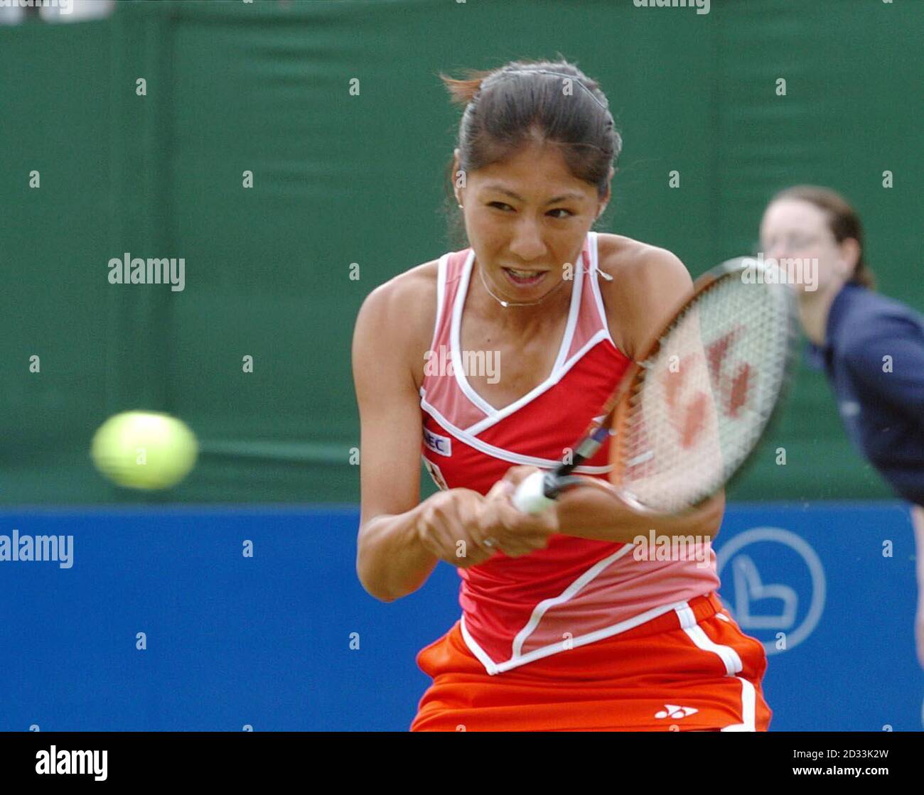 Japan's Shinobu Asagoe returns a serve from no.1 seed Russia's Nadia Petrova during their match at the DFS Classic in Edgbaston, Birmingham. Stock Photo