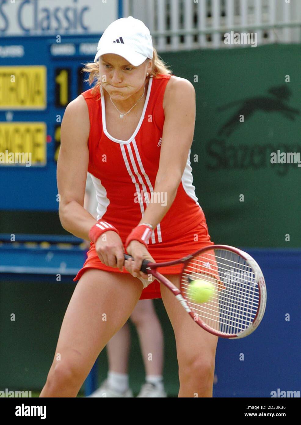 No.1 seed Russia's Nadia Petrova returns a serve from Japan's Shinobu Asagoe during their match at the DFS Classic in Edgbaston, Birmingham. Stock Photo