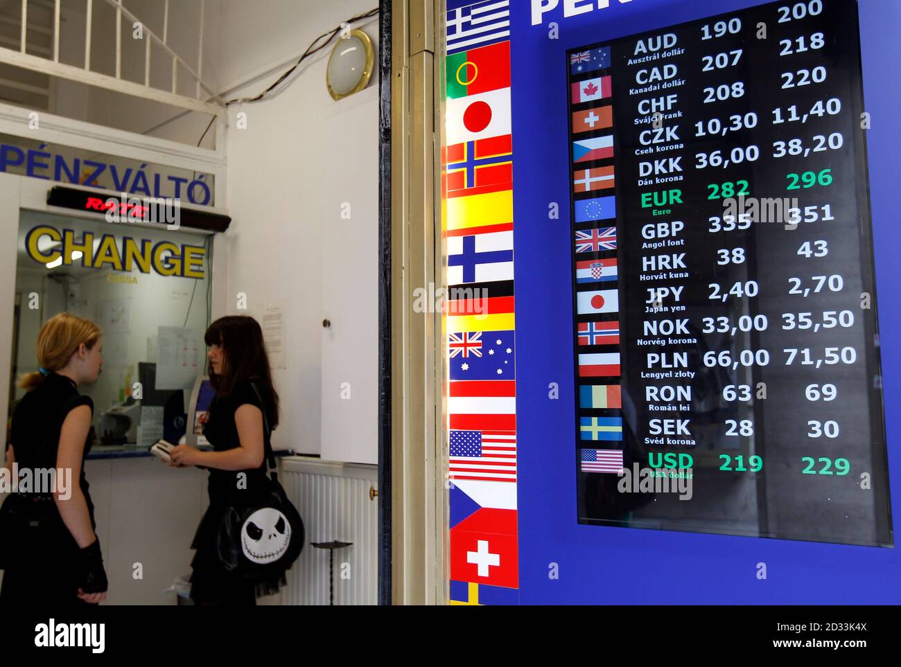 Currency exchange rates are displayed at a money changer in Budapest July  19, 2010. Hungary's markets sold off on Monday after talks with lenders  fell through at the weekend, rattling investor confidence