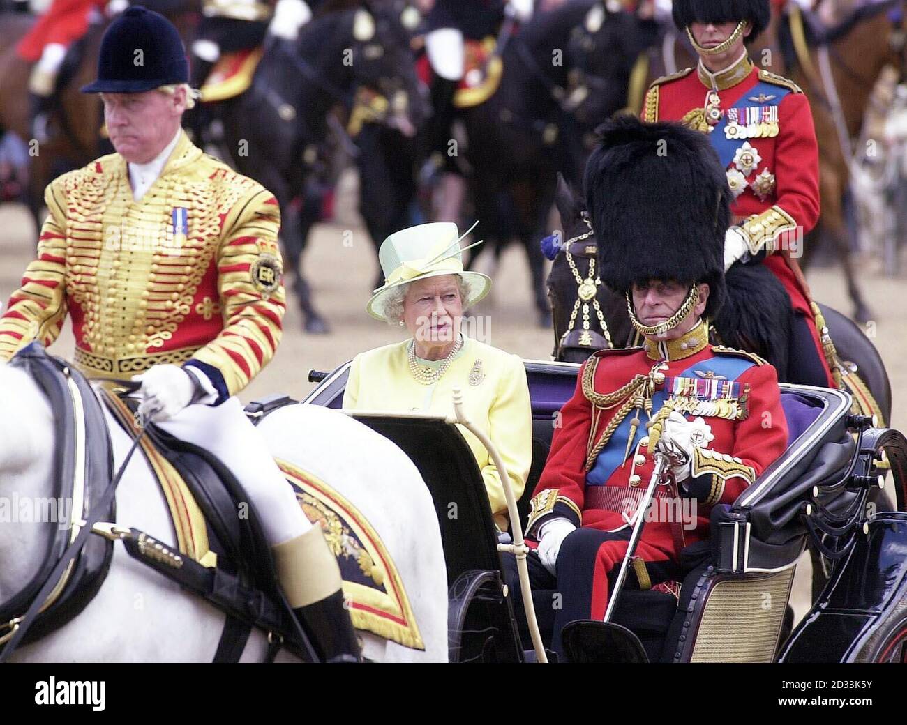 Britain's Queen Elizabeth II arrives at the Horse Guards accompanied by the Duke of Edinburgh for the Trooping the Colour ceremony in London. Stock Photo
