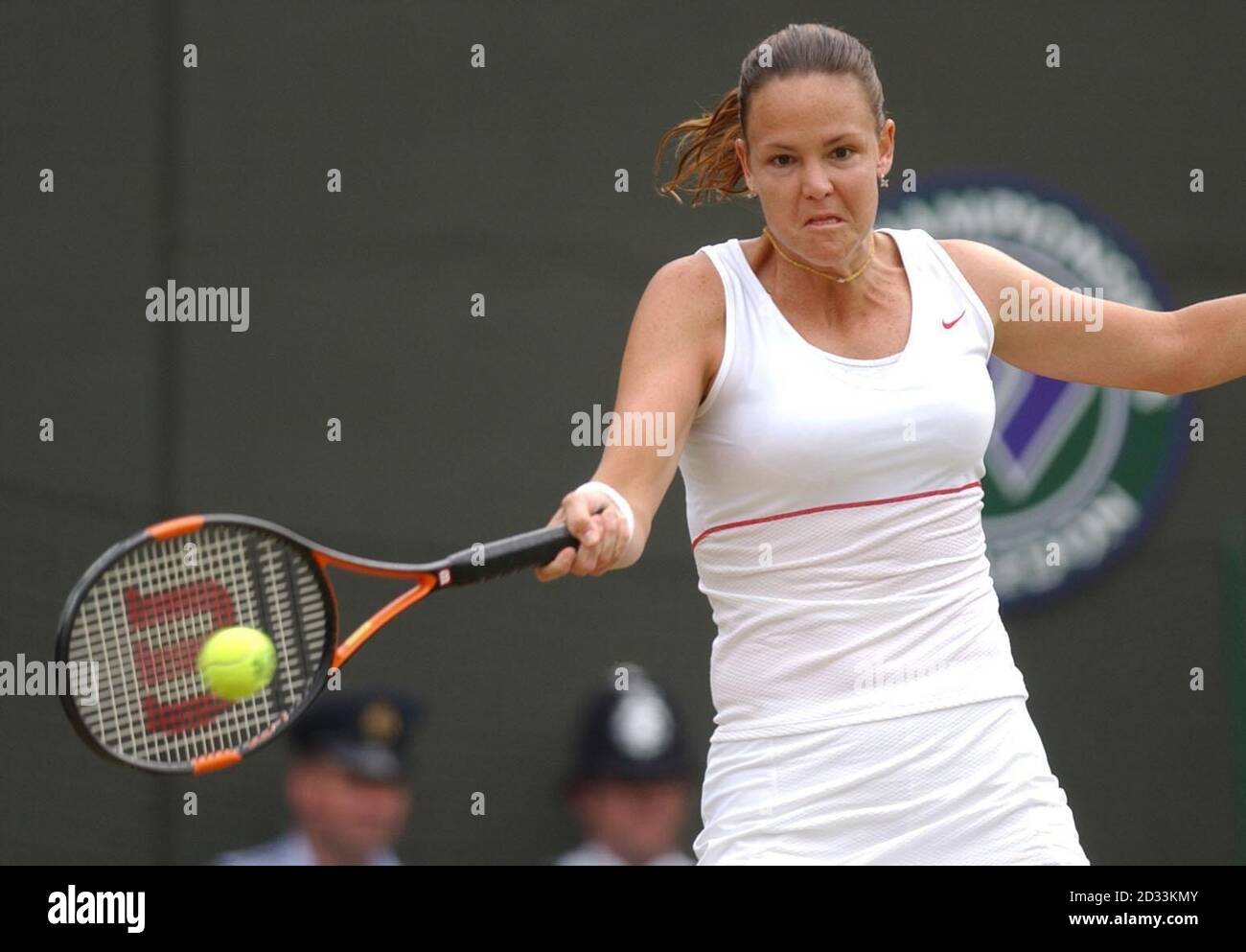 Lindsay Davenport from the USA in action against Karolina Sprem from  Croatia in the fourth round of the Ladies Single tournament of The Lawn  Tennis Championships at Wimbledon, London. Sprem knocked out