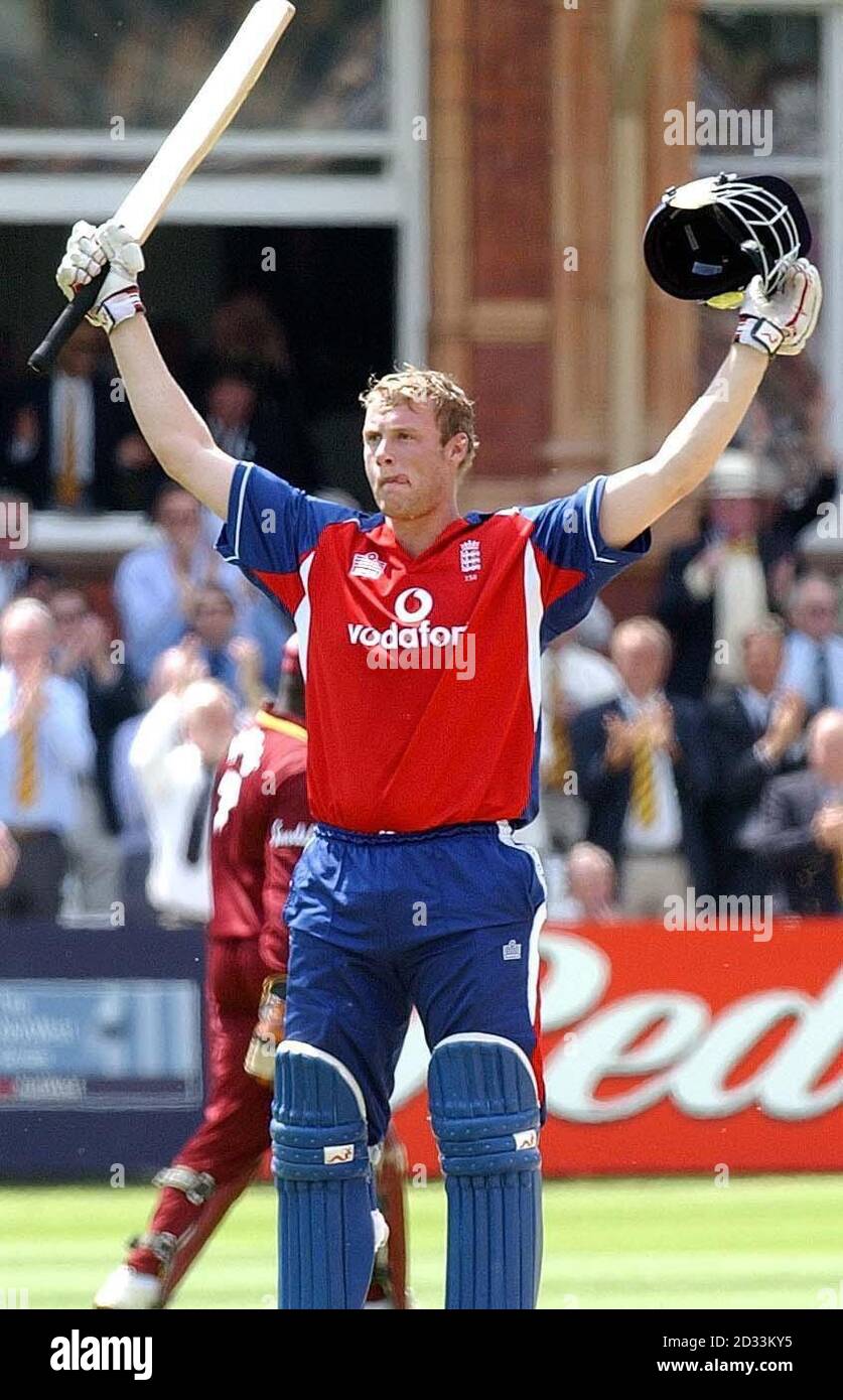 England's Andrew Flintoff celebrates after hitting 100 runs,  during the NatWest Series match against the West Indies at Lords, London. Stock Photo