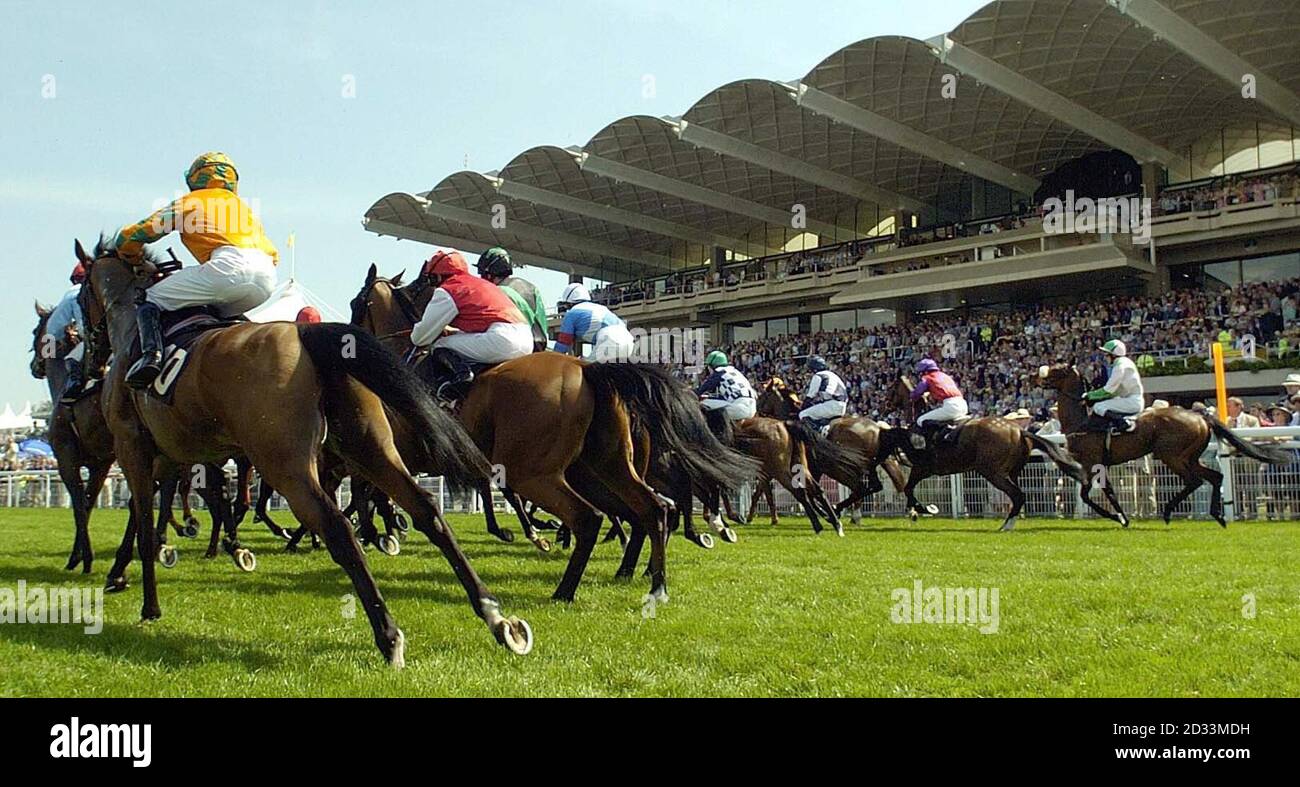 Runners and riders start without stalls in front of the main grandstand for The Goodwood Handicap Stakes at Goodwood, Sussex. The race was won by Alrida, ridden by Paul Hanagan. Stock Photo