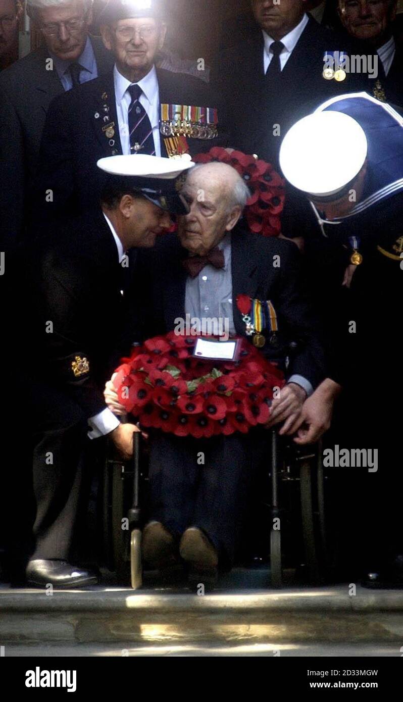 A tearful Henry Allingham (right) aged 108 from Eastbourne, chats to fellow First World War veteran 103-year-old William Stone from Oxfordshire, after a service held at the Cenotaph in central London to commemorate the 90th anniversary of the outbreak of the conflict. See PA story WAR Anniversary. Stock Photo