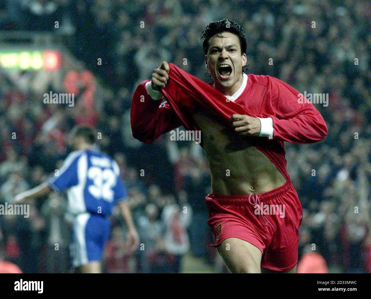 Liverpools Jari Litmanen celebrates his goal during the UEFA Champions  League game between Liverpool and Dynamo Kiev at Anfield, Liverpool. THIS  PICTURE CAN ONLY BE USED WITHIN THE CONTEXT OF AN EDITORIAL