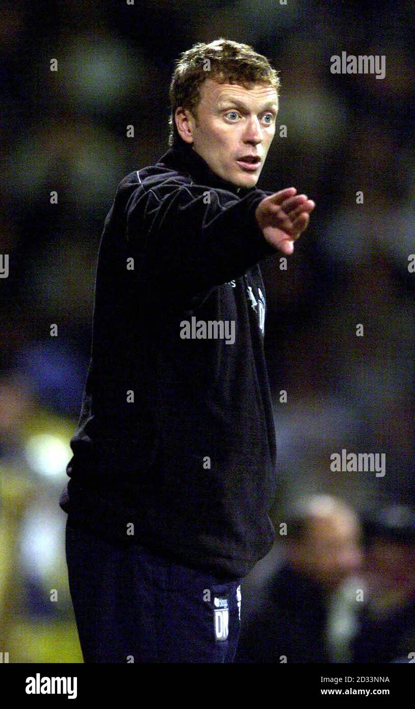 Preston North End Manager David Moyes during the Nationwide Division One match at Deepdale, Preston. *13/03/02 Preston North End Manager David Moyes. Everton are reported to be ready to launch a bid to install Moyes as Goodison manager. Toffees chief Walter Smith's three-and-a-half-year reign looks to have come to an end following the club's plunge into the Premiership relegation zone. It is believed that Archie Knox, Smith's assistant, will assume temporary control of the team. The reports say that Everton owner Bill Kenwright is ready to hand Smith a 1million pay-off as compensation for the Stock Photo