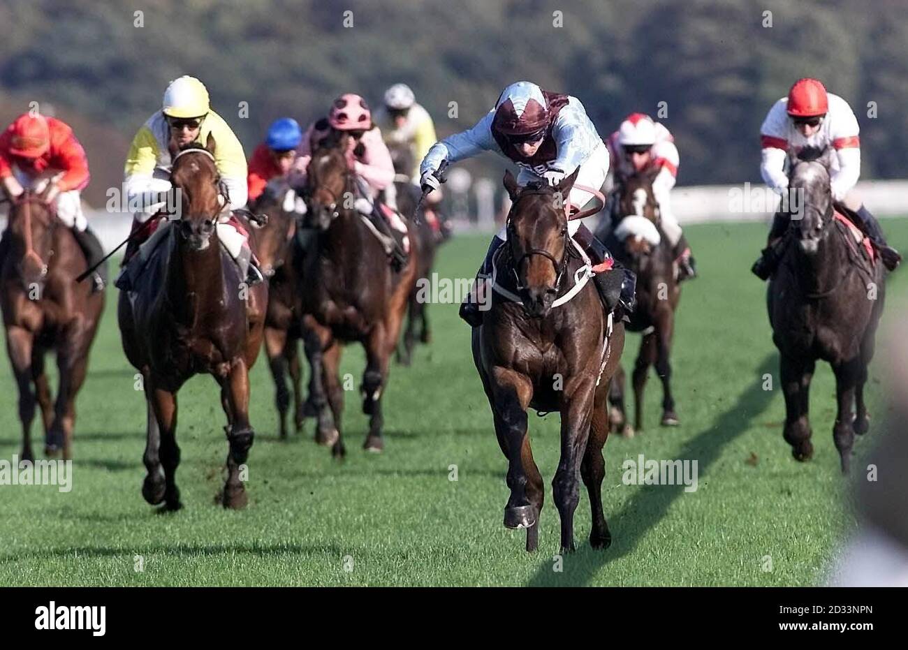 Falcon Hill (centre) ridden by Kevin Darley wins the Constant Security Doncaster Stakes at Doncaster. Stock Photo