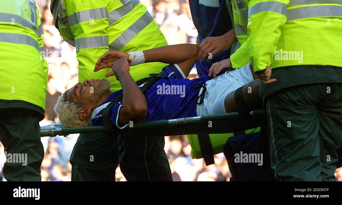 Everton's Abel Xavier is stretcherd off after a serious collision with  goalkeeper Paul Gerrard which led to Newcastle United's first goal during  the Premiership game at Goodison Park, Liverpool. THIS PICTURE CAN