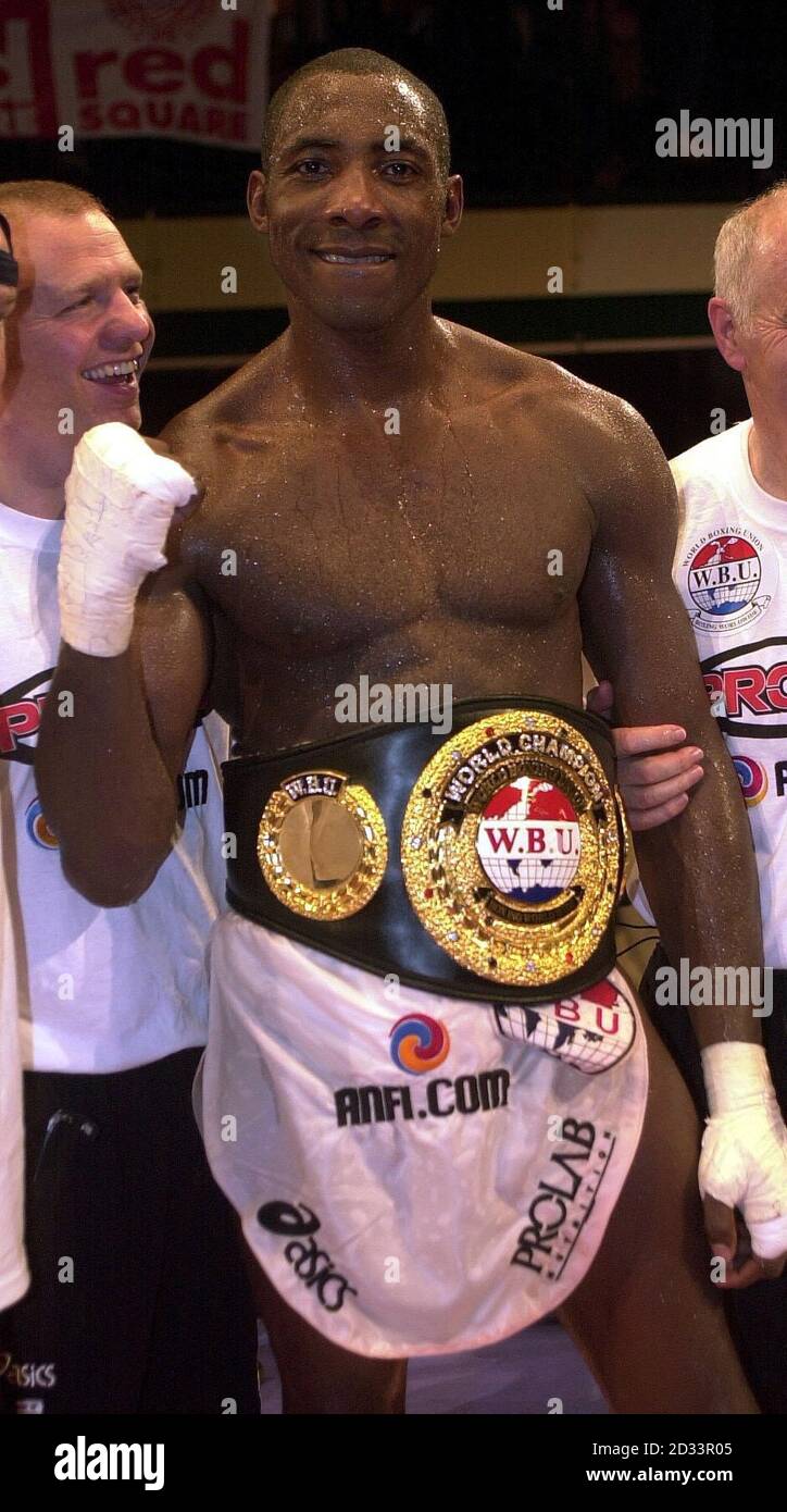 New WBU Heavyweight Champion Johnny Nelson wearing his belt after defeating Alexander Vasiliev after the WBU Heavyweight title fight at York Hall, London. Stock Photo
