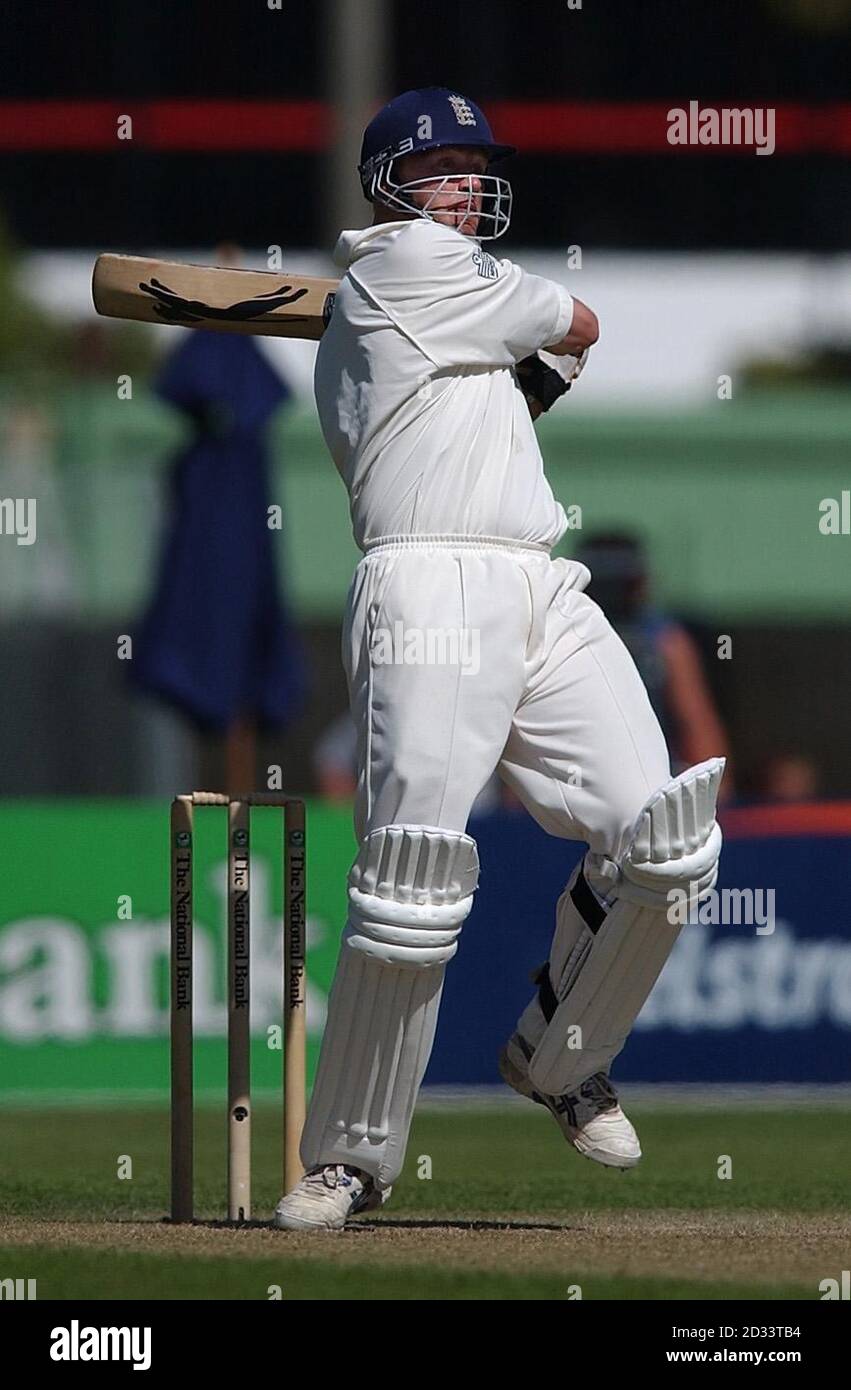England's Andrew Flintoff in action during the third day of the first test match against New Zealand at Jade Stadium, Christchurch, New Zealand.    * Thorpe and Flintoff put on a partnership of 281 which is a new sixth-wicket England record and is the highest partnership ever by an English pair against New Zealand.  Flintoff scored 137 and Thorpe finished on 200 not out. Stock Photo