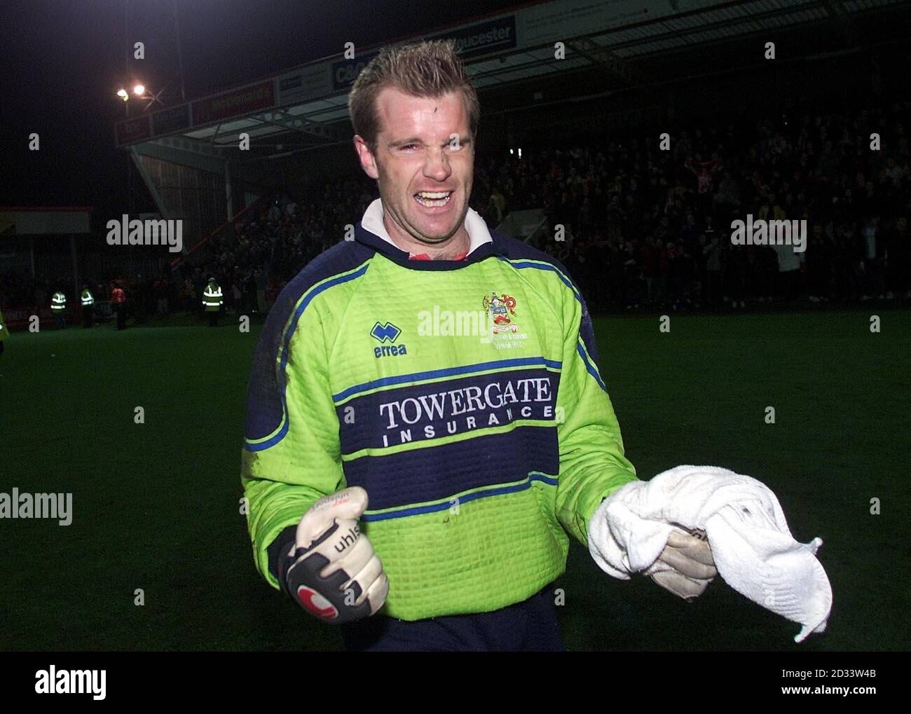 Cheltenham Towns keeper Steve Book celebrates after saving the penalty which won  his team the Nationwide play off semi final against Hartlepool at Wadden Road, Cheltenham. THIS PICTURE CAN ONLY BE USED WITHIN THE CONTEXT OF AN EDITORIAL FEATURE. NO UNOFFICIAL CLUB WEBSITE USE. Stock Photo