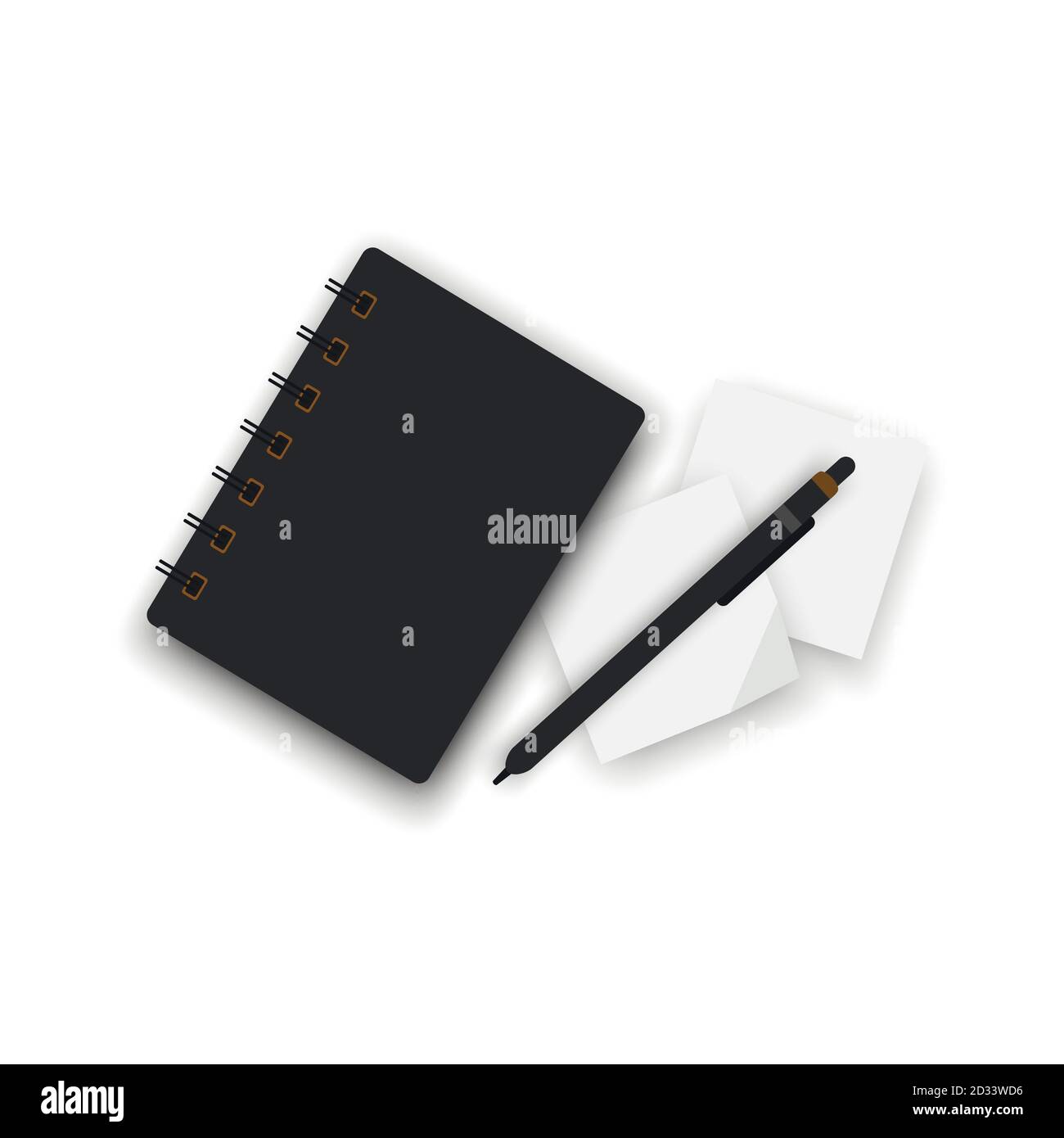 Realistic notebook with pen and stickers. Vector illustration. Stock Vector
