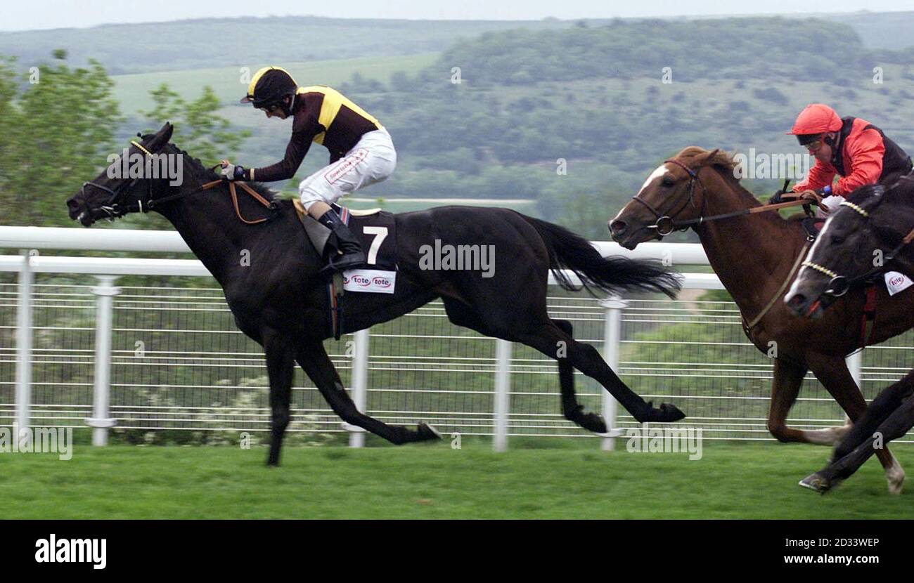 Passing Glance with jockey Martin Dwyer (left) wins ahead of Imbibing with jockey Gary Bardwell (red cap) in the Tote Trifecta Stakes at Goodwood. Stock Photo