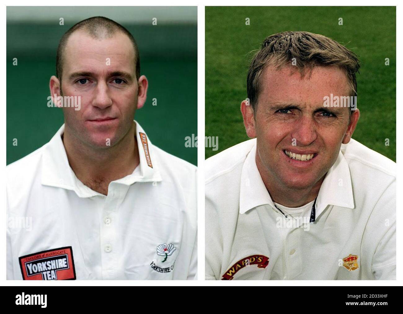 Composite picture of (L-R) Yorkshire's Craig White and Derbyshire's Dominic Cork. England have recalled Cork and White in their 13-man squad for the first Test against India at Lord's.   *... Following a turbulent week in which Marcus Trescothick, Andrew Caddick and Alex Tudor have all been ruled out of contention, the selectors plumped for experience over youth in the first match of the four-Test series.   Stock Photo
