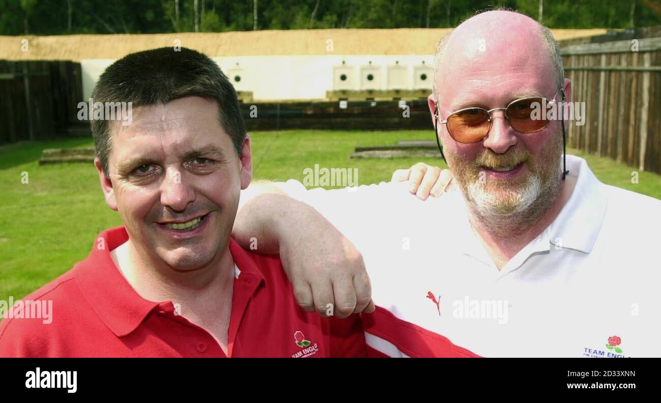 Michael Gault and Peter Clark of England after a dissapointing display using pistol which is banned under the Hand Gun law of the mainland UK of 1997. They were shooting in the Men's 25 meter Standard Pistol Pairs in the Commonwealth Games competition at the National Shooting Centre Bisley. Stock Photo