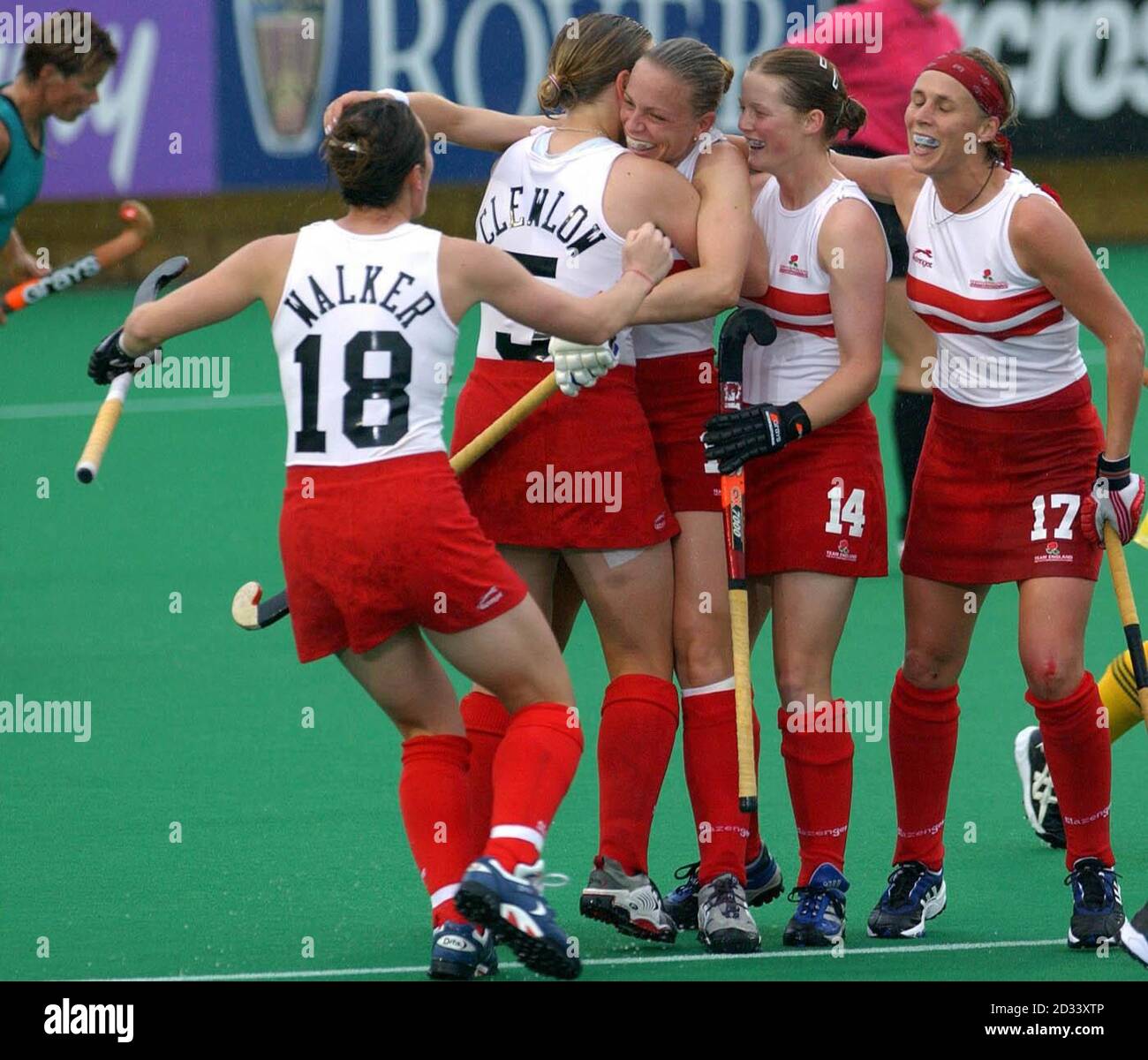L-R: England's Rachel Walker, Mel Clewlow, Kate Walsh, Helen Richardson, and Jane Smith celebrate the first goal, during the Women's Hockey semi-final against Australia at the Belle Vue Stadium, Manchester in the  XVII Commonwealth Games. Stock Photo