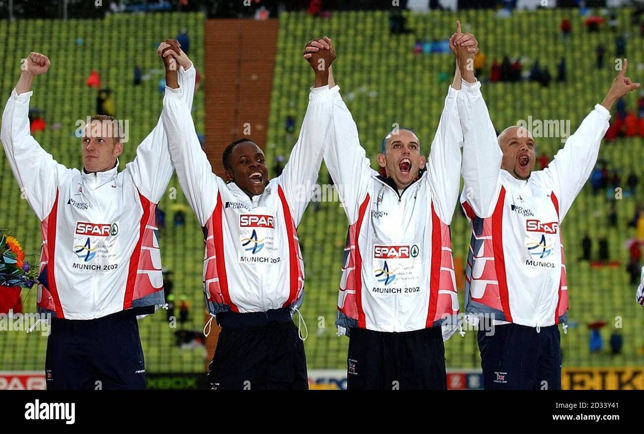 Great Britain's (from L-R) Jared Deacon, Daniel Caines, Matt Elias and Jamie Baulch celebrate winning the gold medal in the men's 4x400 relay during the European Athletics Championships in Munich, Germany. Stock Photo