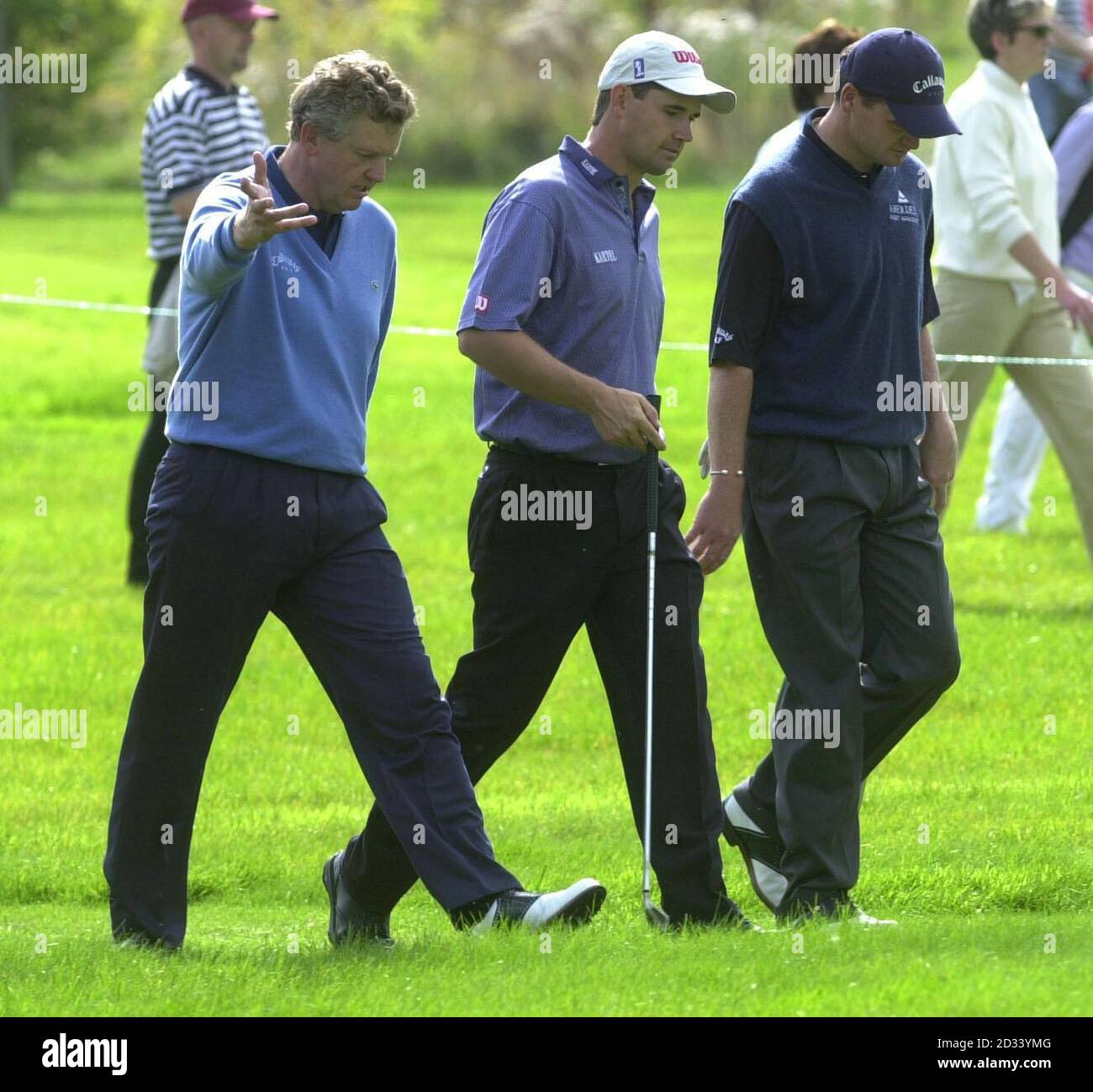 Left to right: Scotland's Colin Montgomerie, Ireland's Padraig Harrington and Scotland's Paul Lawrie during their practice round at Mount Juliet Golf Course, Co Kilkenny, Republic of Ireland in preparation for the 2002 American Express Championship.  Stock Photo
