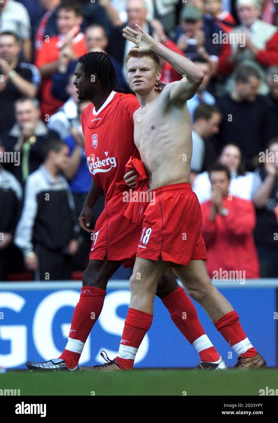 Liverpool's John Arne Riise (right) celebrates his goal with Salif Diao, during their FA Barclaycard Premiership match at Liverpool's Anfield stadium. Final score: Liverpool 2, West Bromwich Albion nil. Stock Photo