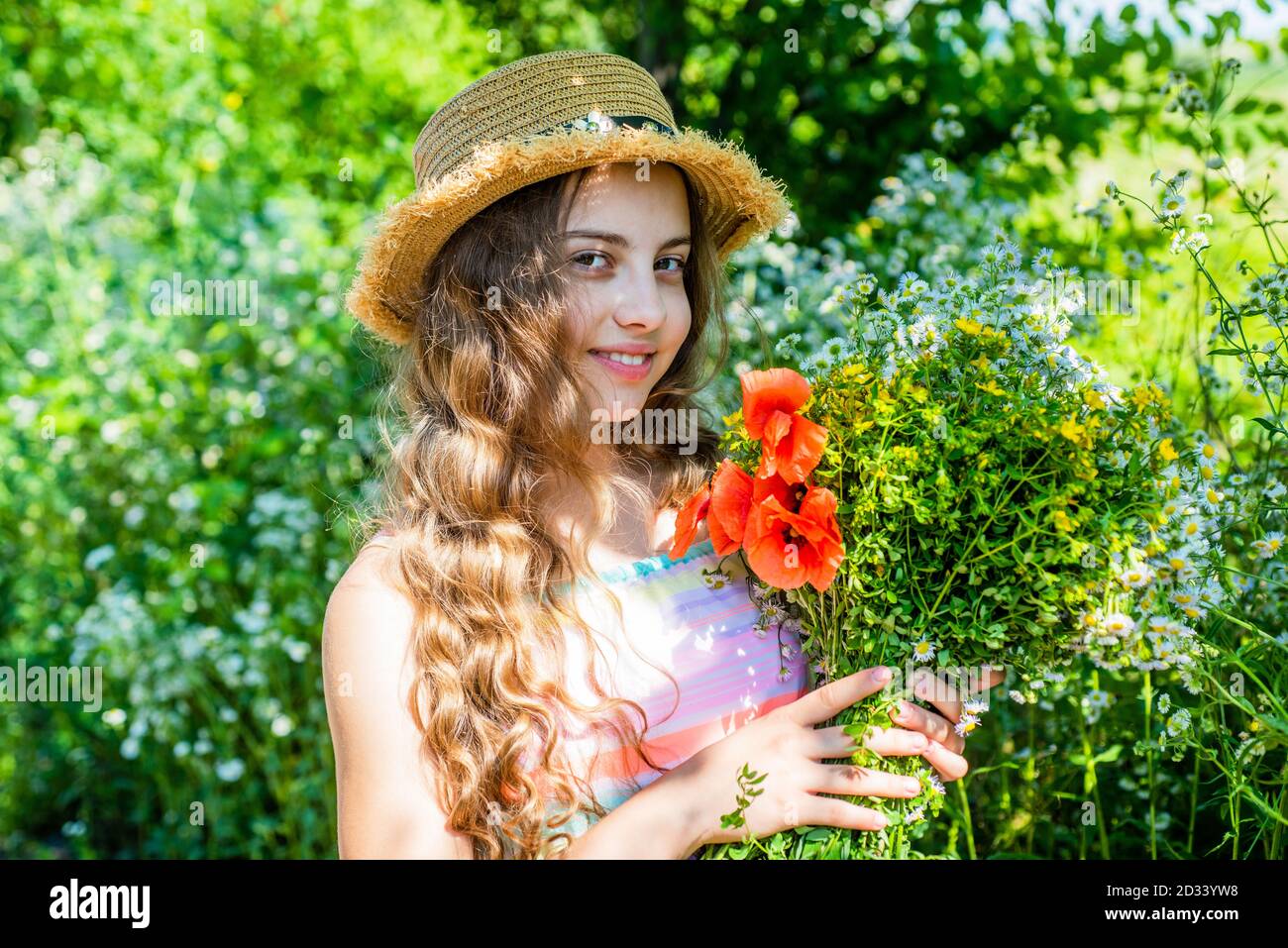 Happy small girl collecting poppy flowers sunny day nature background ...