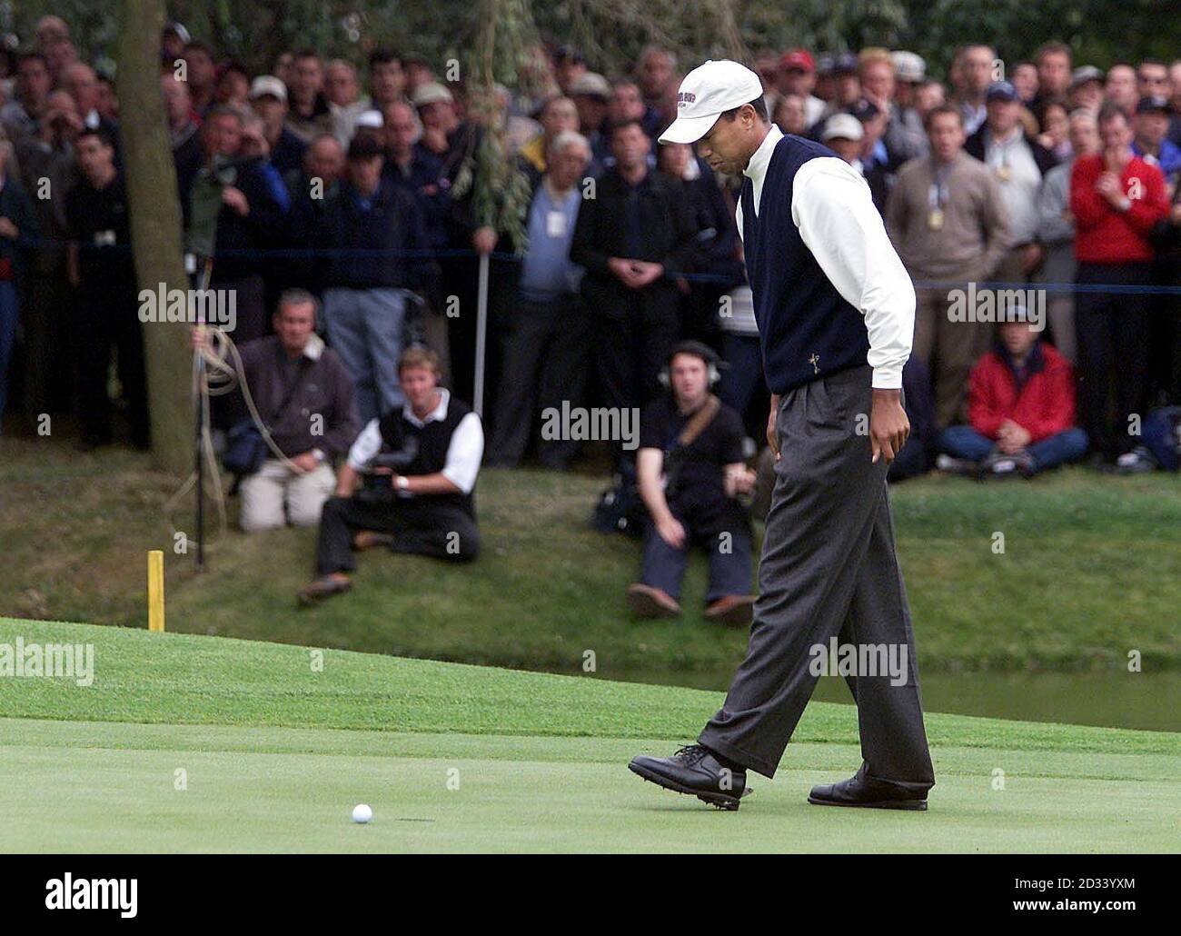America's Tiger Woods looks incredulously at his ball after missing a short putt on the 12th green. Woods was partnering Mark Calcavecchia against Europe's Lee Westwood and Sergio Garcia on first day of competition in Ryder Cup at the Belfry, near Sutton Coldfield. Stock Photo